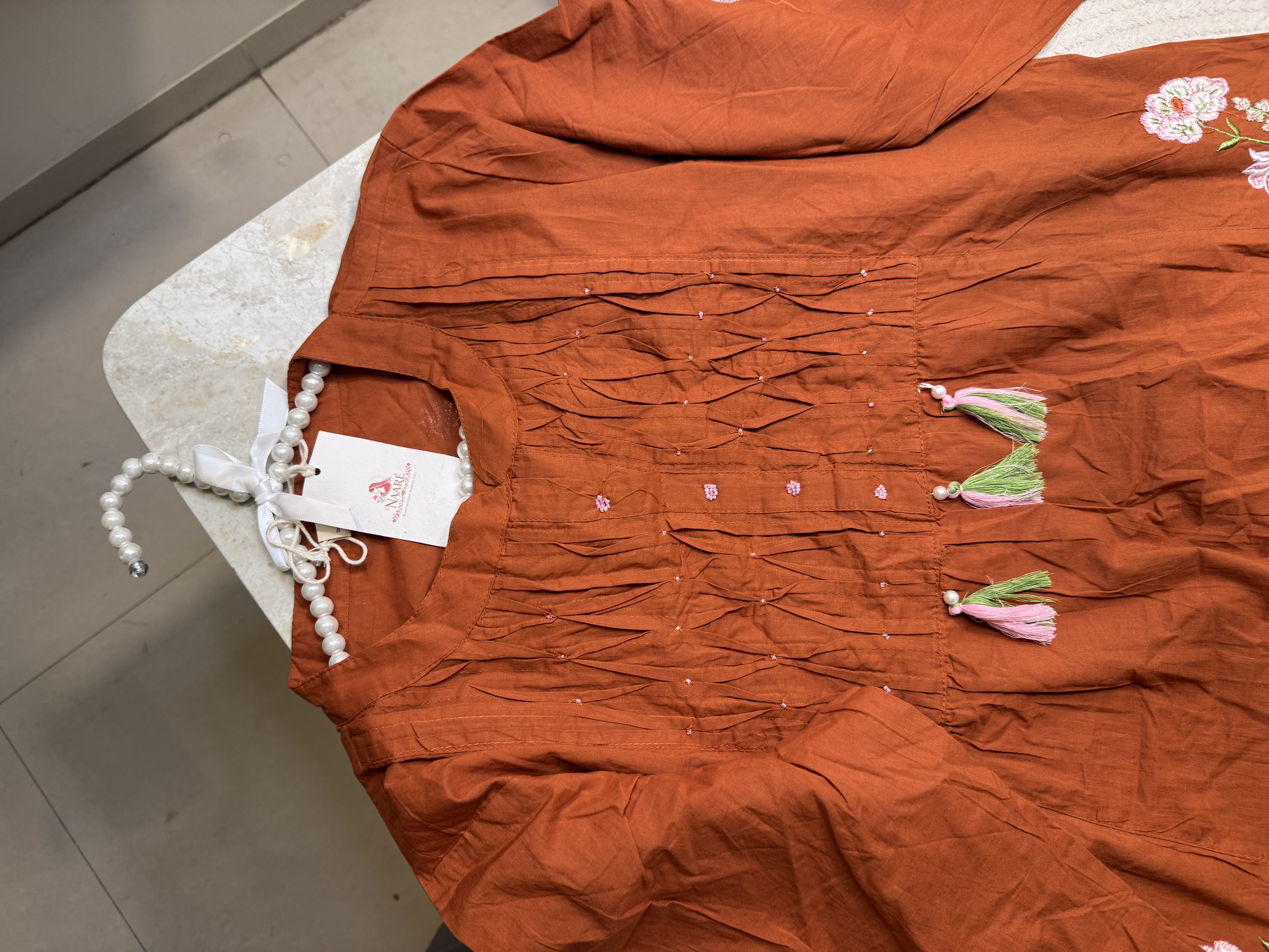 Rust Cotton Embroidered Kurti