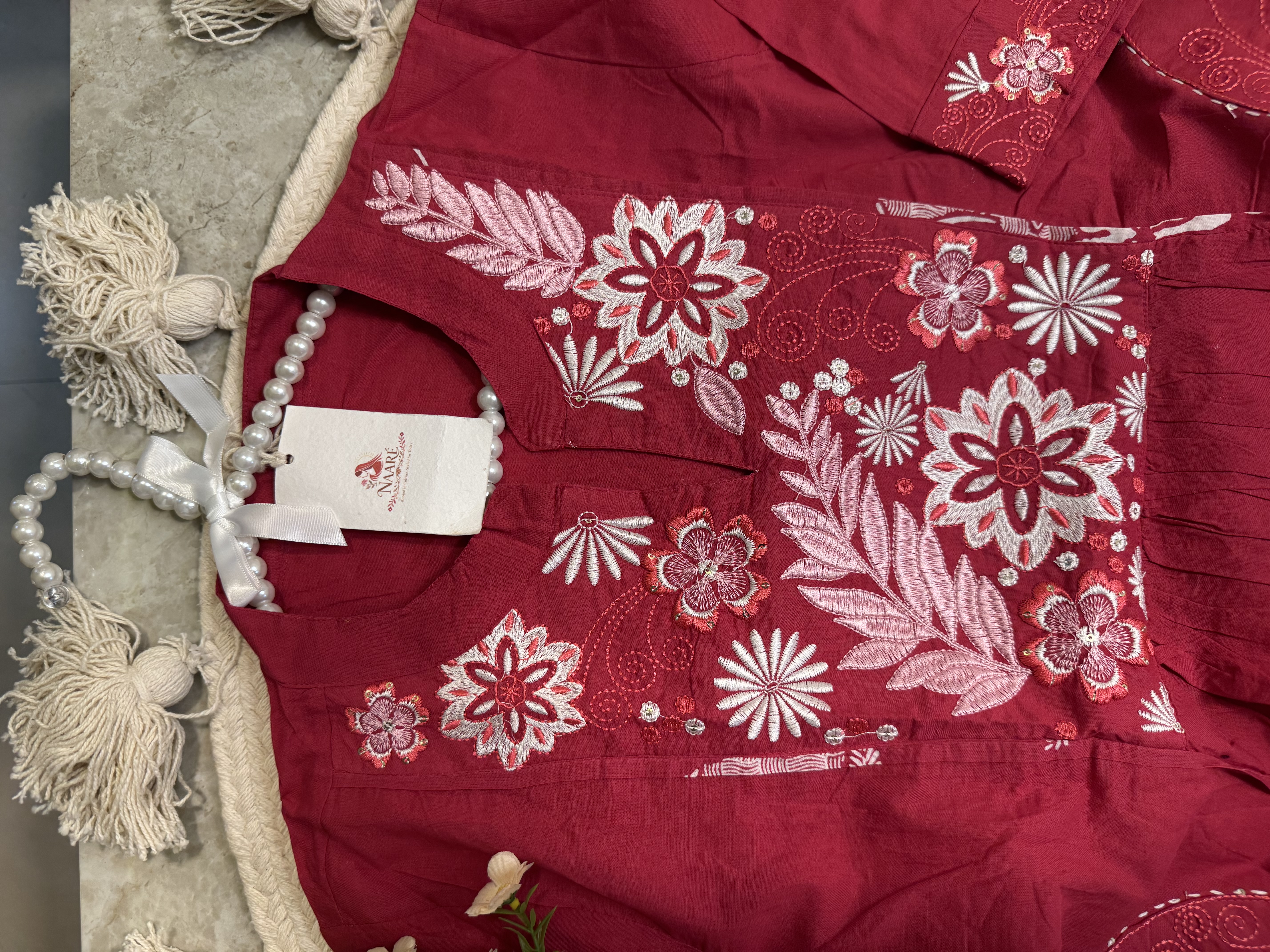 Maroon Floral Embroidered Kurti Set
