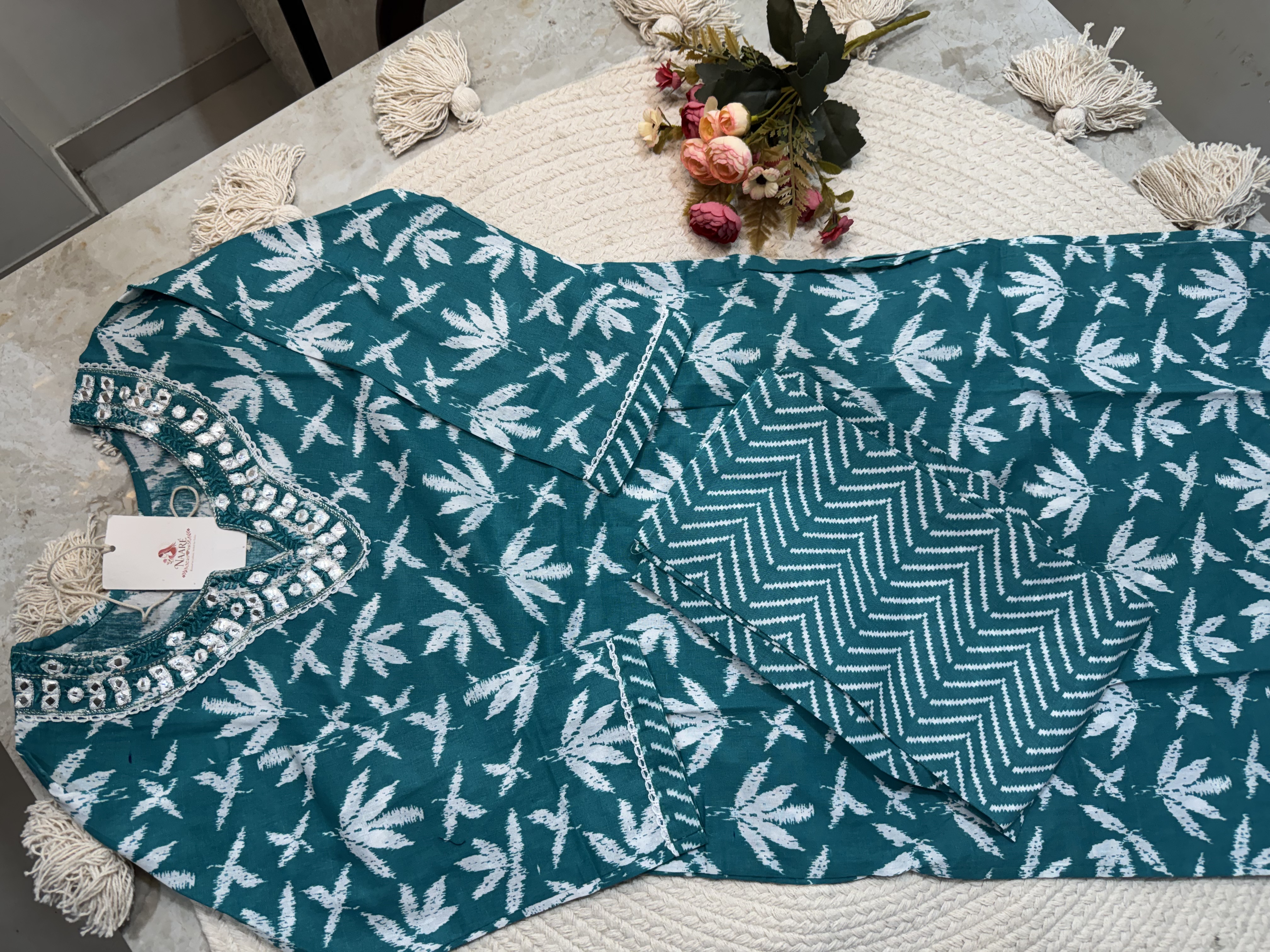 Teal Leaf Embroidered Cotton Kurta Set