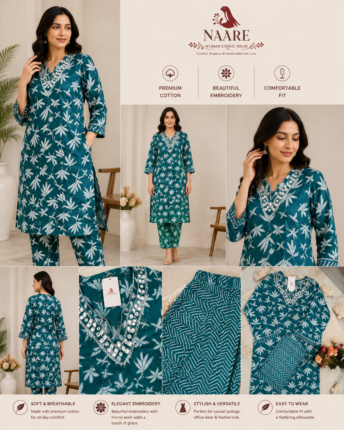 Teal Leaf Embroidered Cotton Kurta Set
