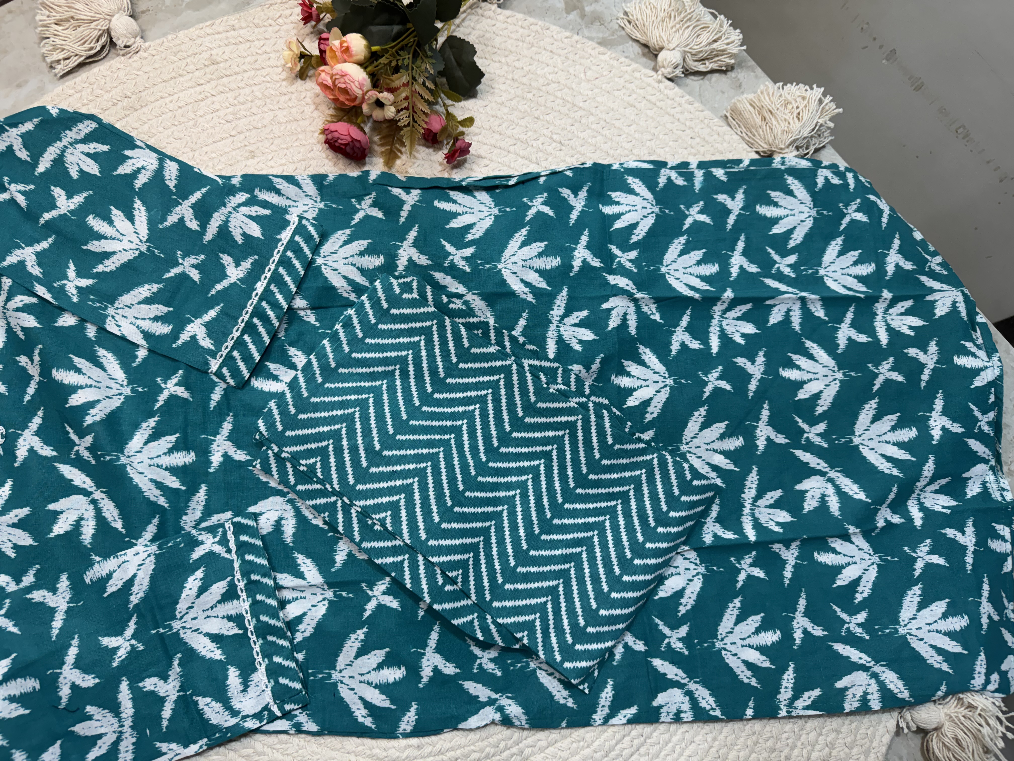 Teal Leaf Embroidered Cotton Kurta Set