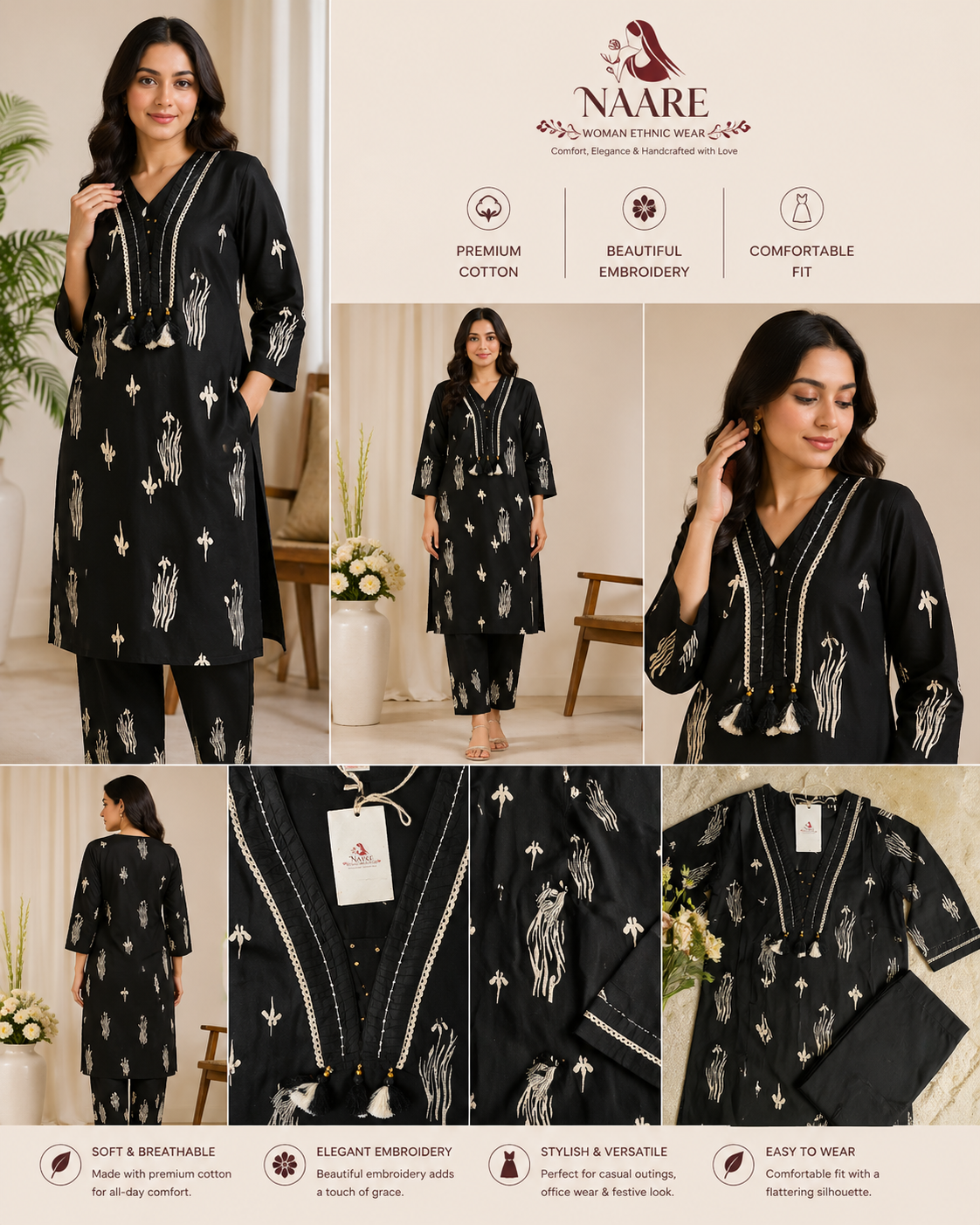 Black Embroidered Cotton Kurta