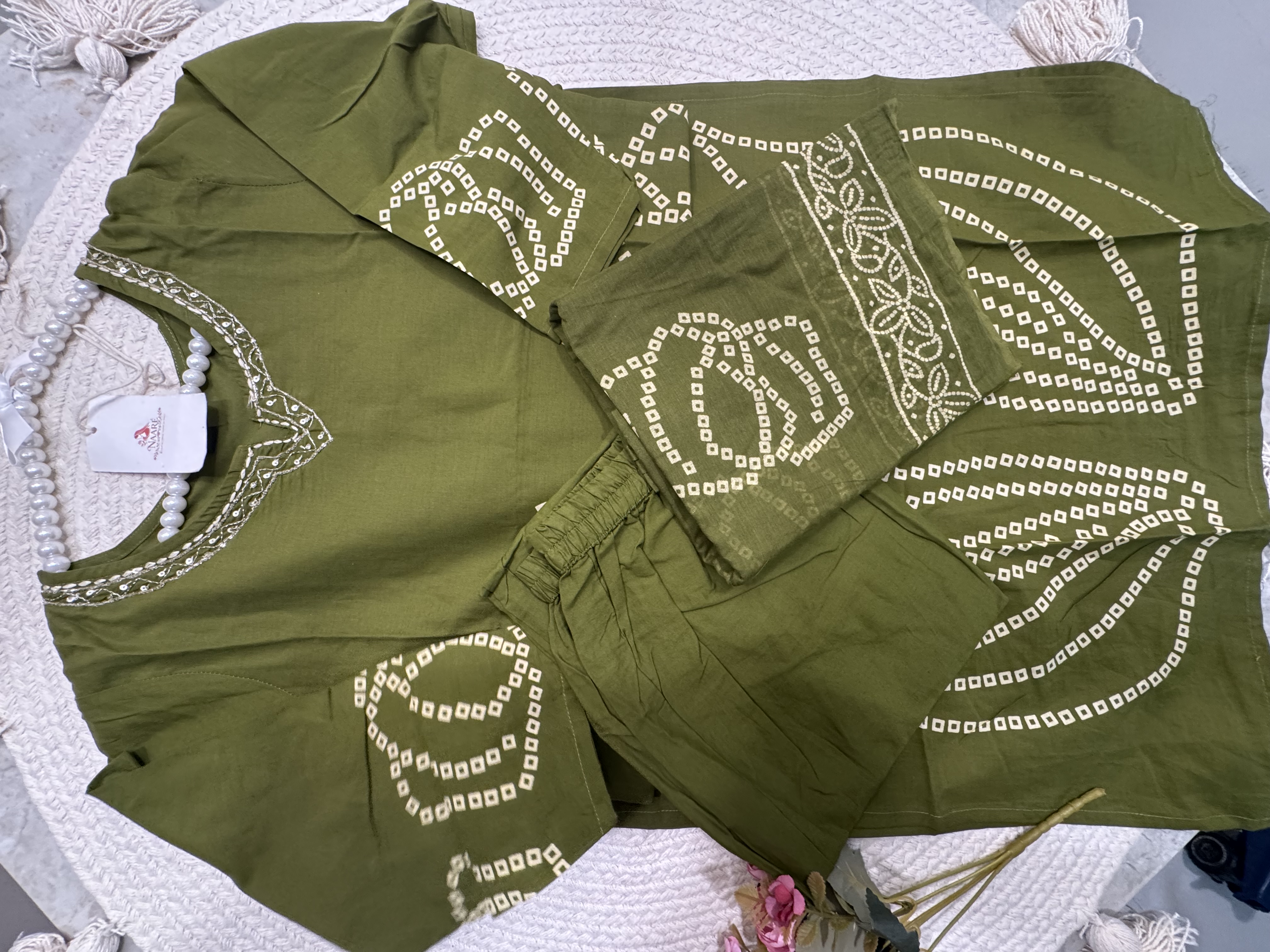 Olive Green Embroidered Cotton Kurta Set