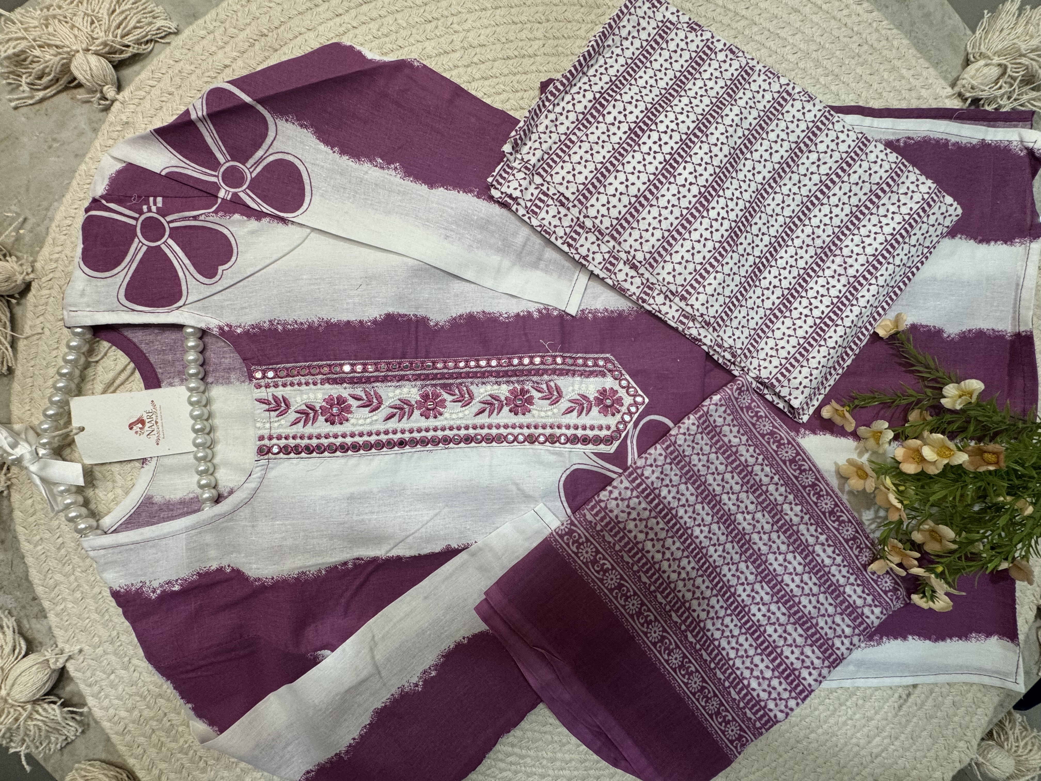 Purple Floral Cotton Kurta Set
