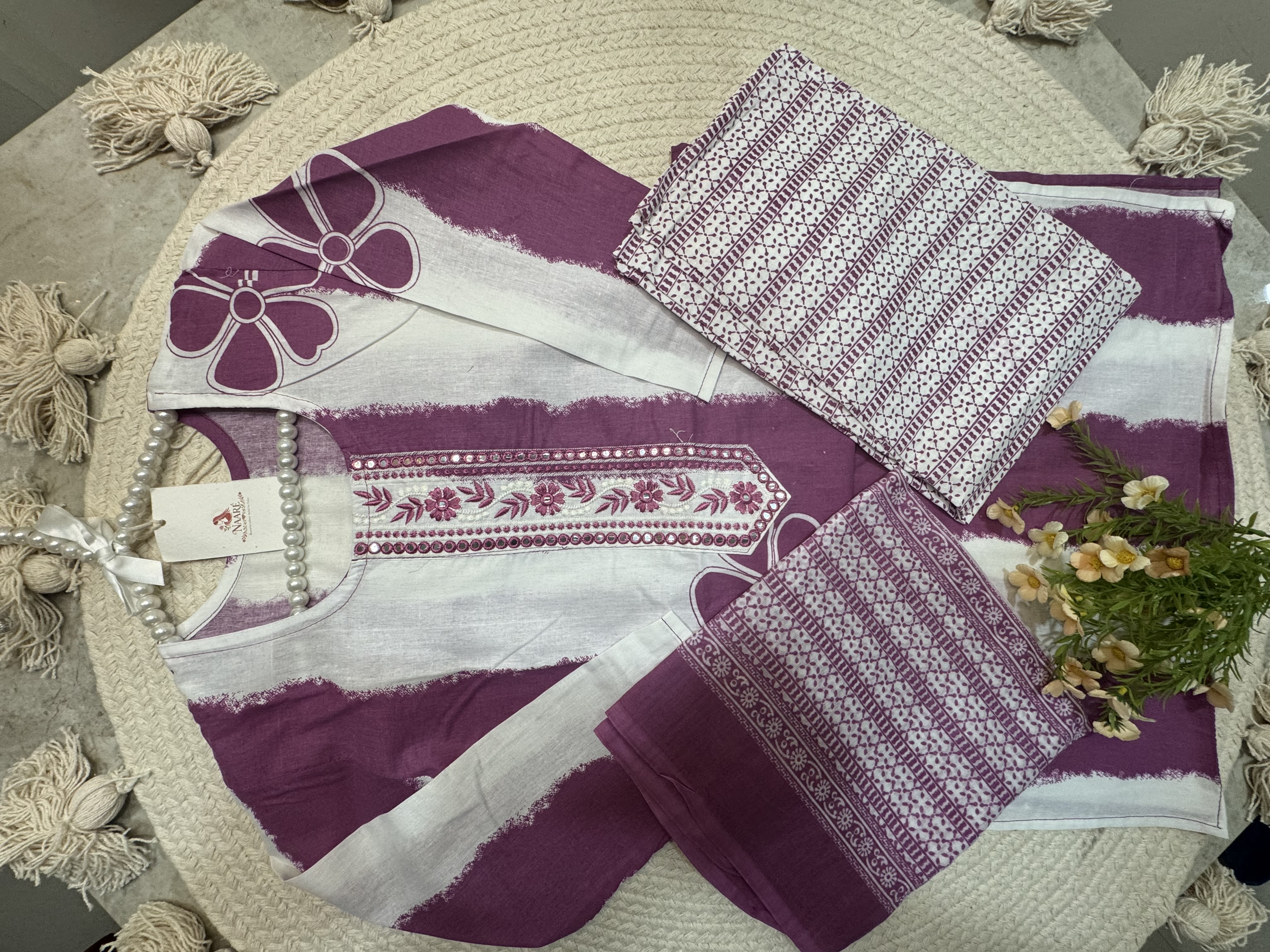 Purple Floral Cotton Kurta Set