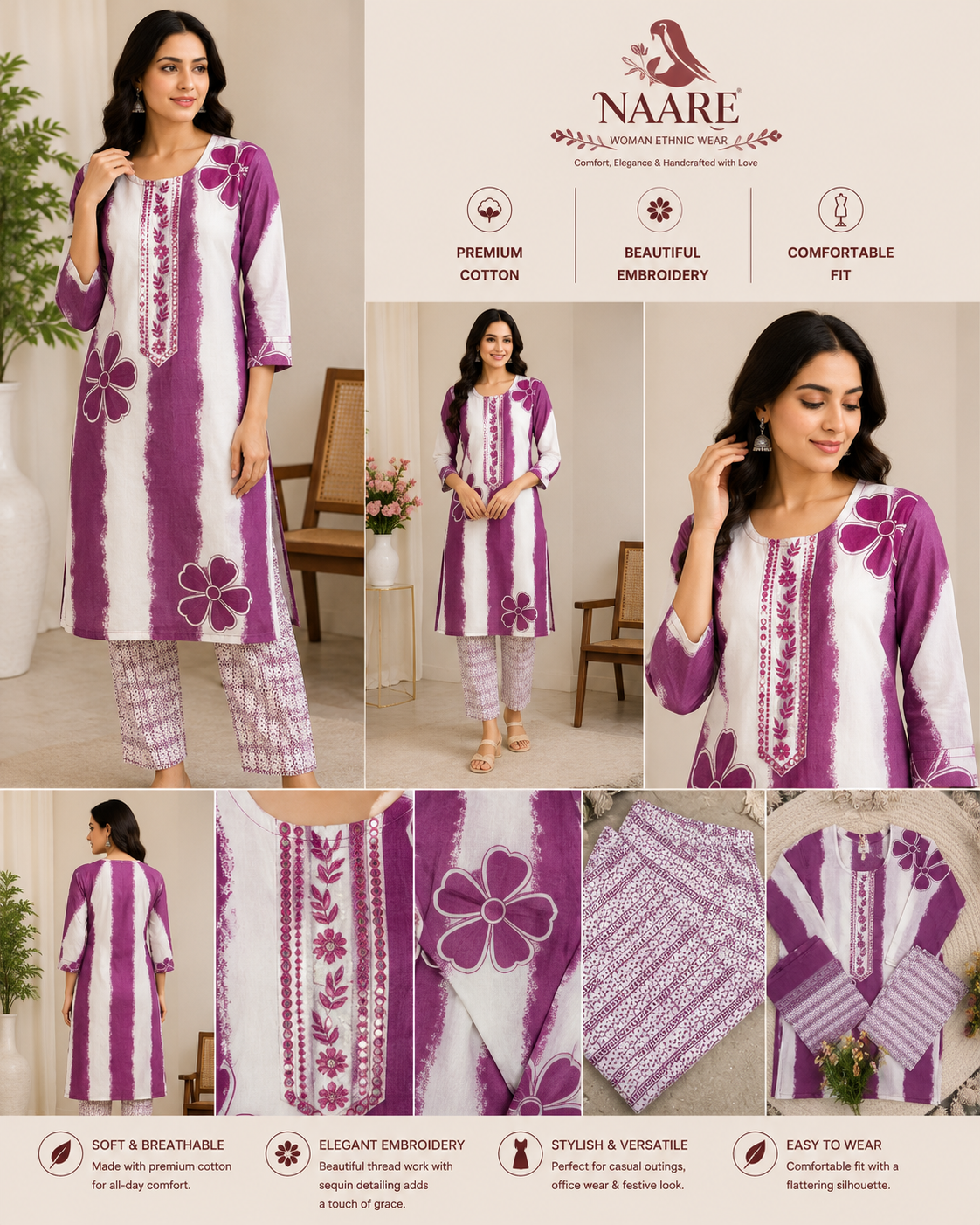 Purple Floral Cotton Kurta Set