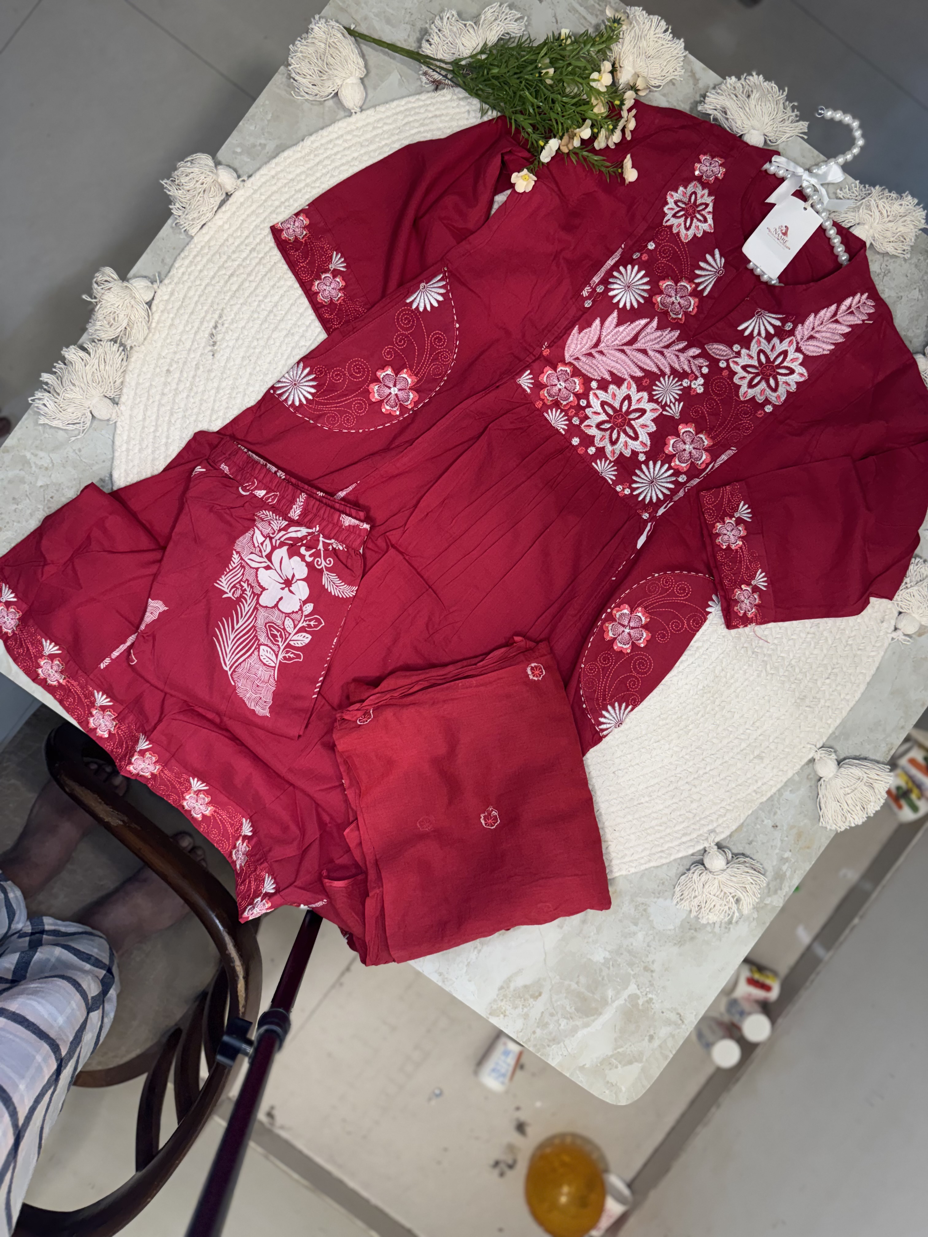 Maroon Floral Embroidered Kurti Set