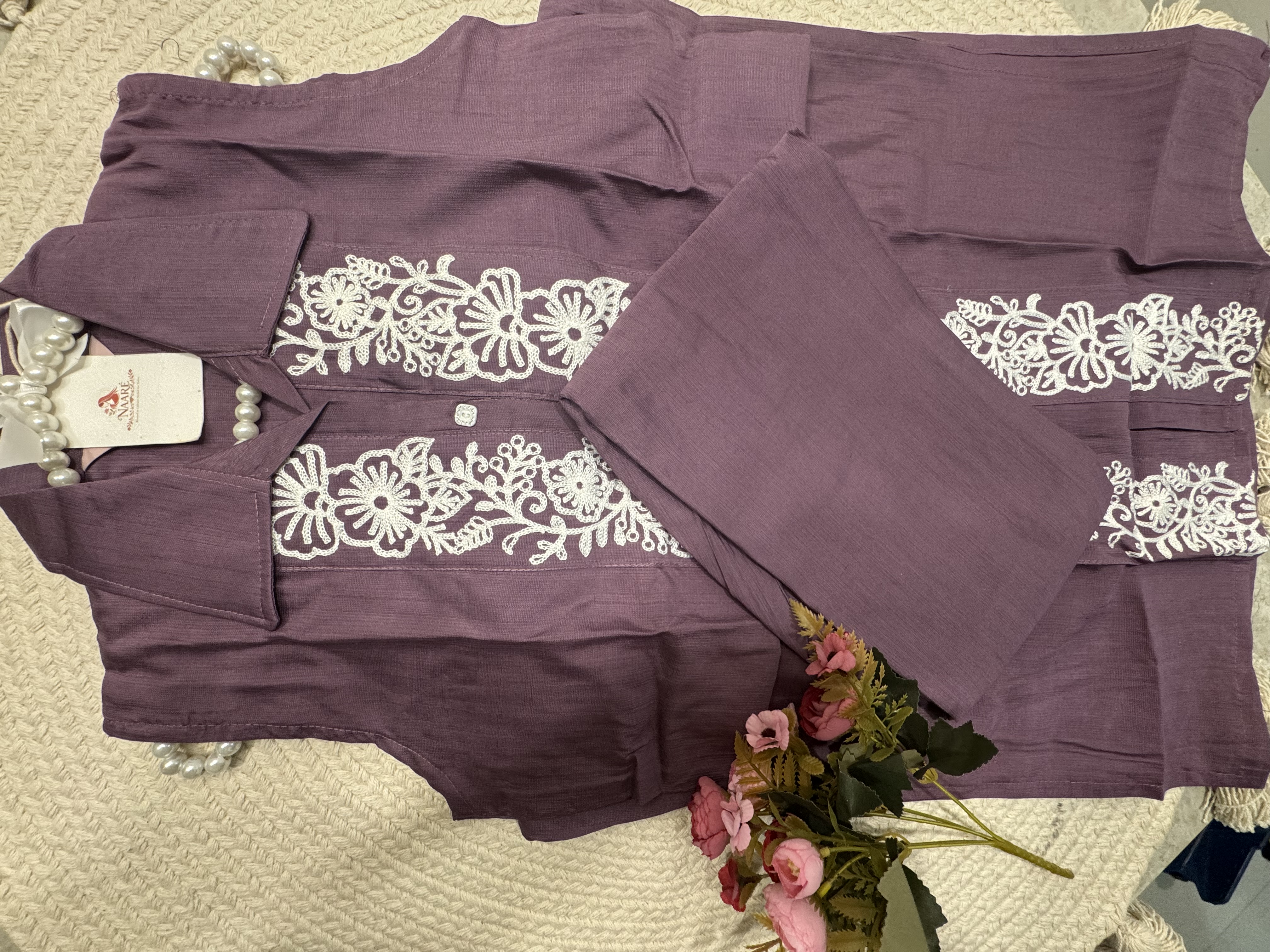 Purple Embroidered Cotton Kurti Set