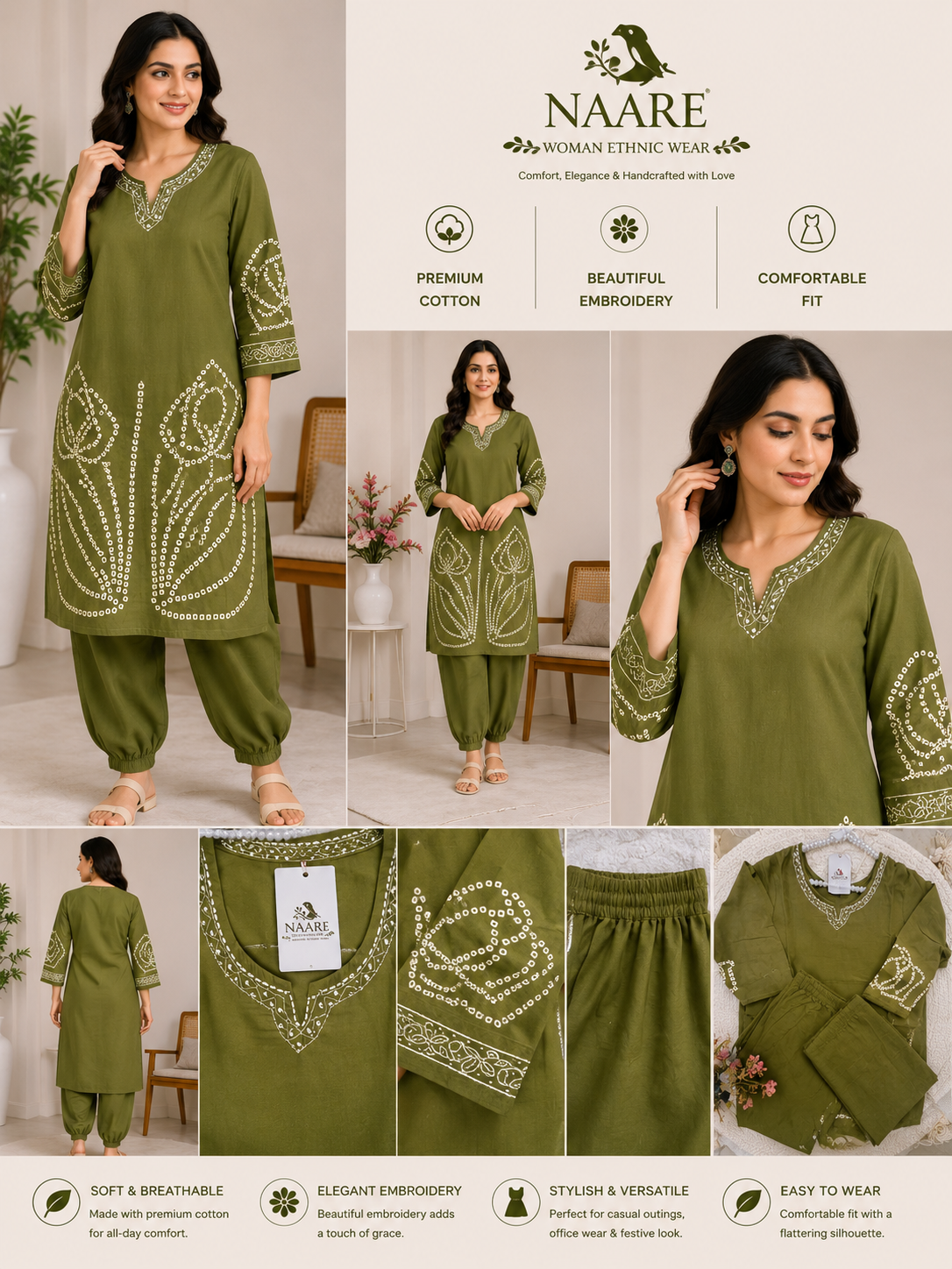 Olive Green Embroidered Cotton Kurta Set