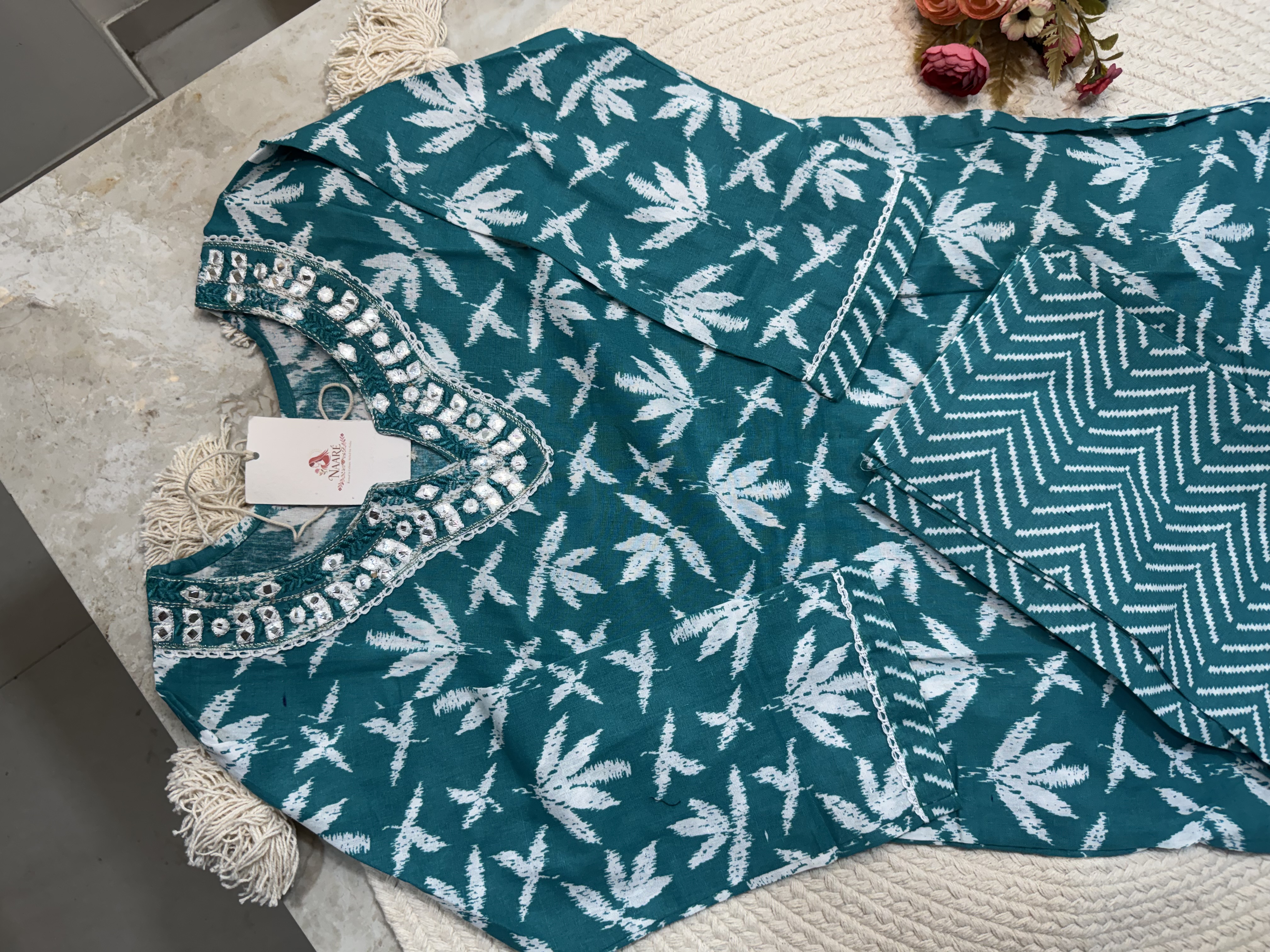 Teal Leaf Embroidered Cotton Kurta Set