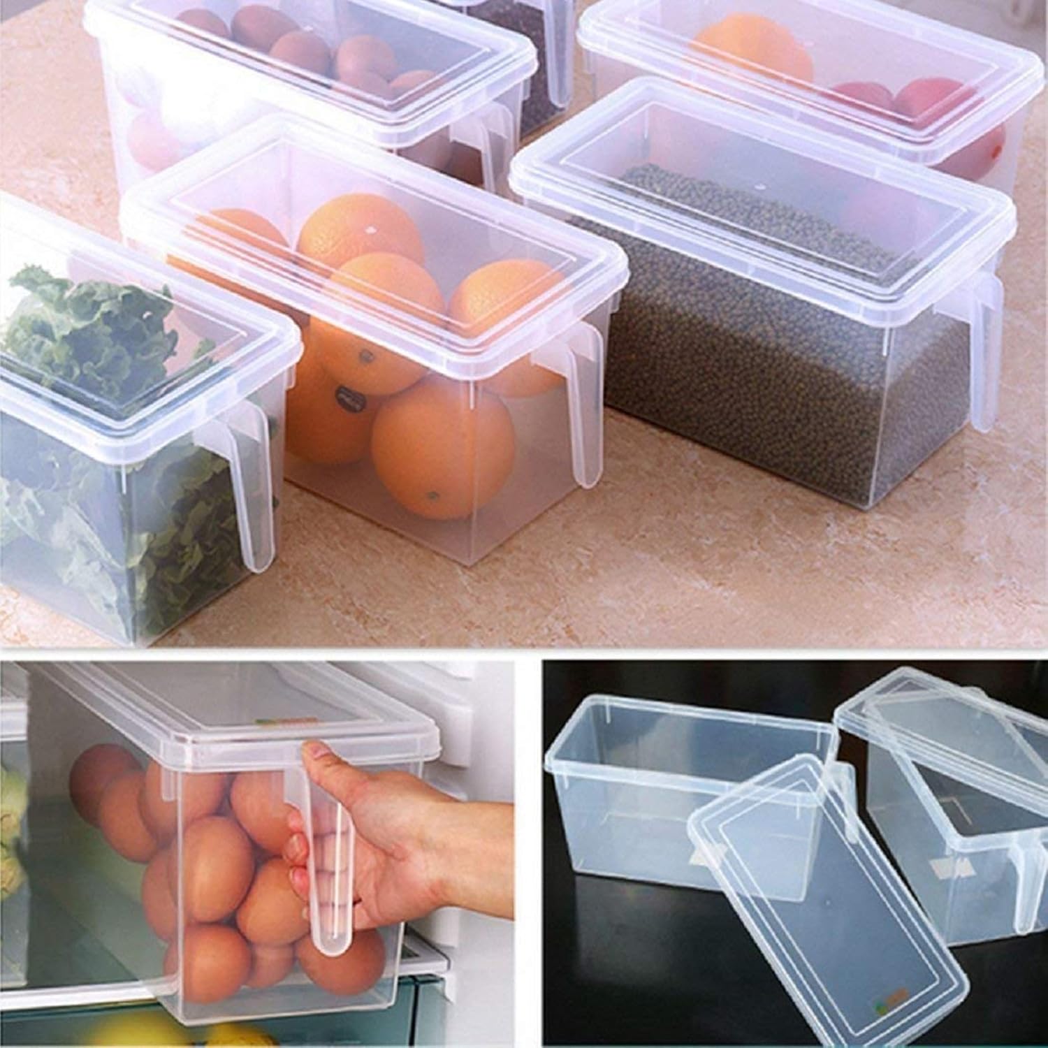 Fridge Storage Boxes/Food Grade Kitchen Containers/Square Handle Food Storage Organizer Boxes With Lid And Handle For Refrigerator Vegetables -5L Air Tight (Pack Of 1), Transparent