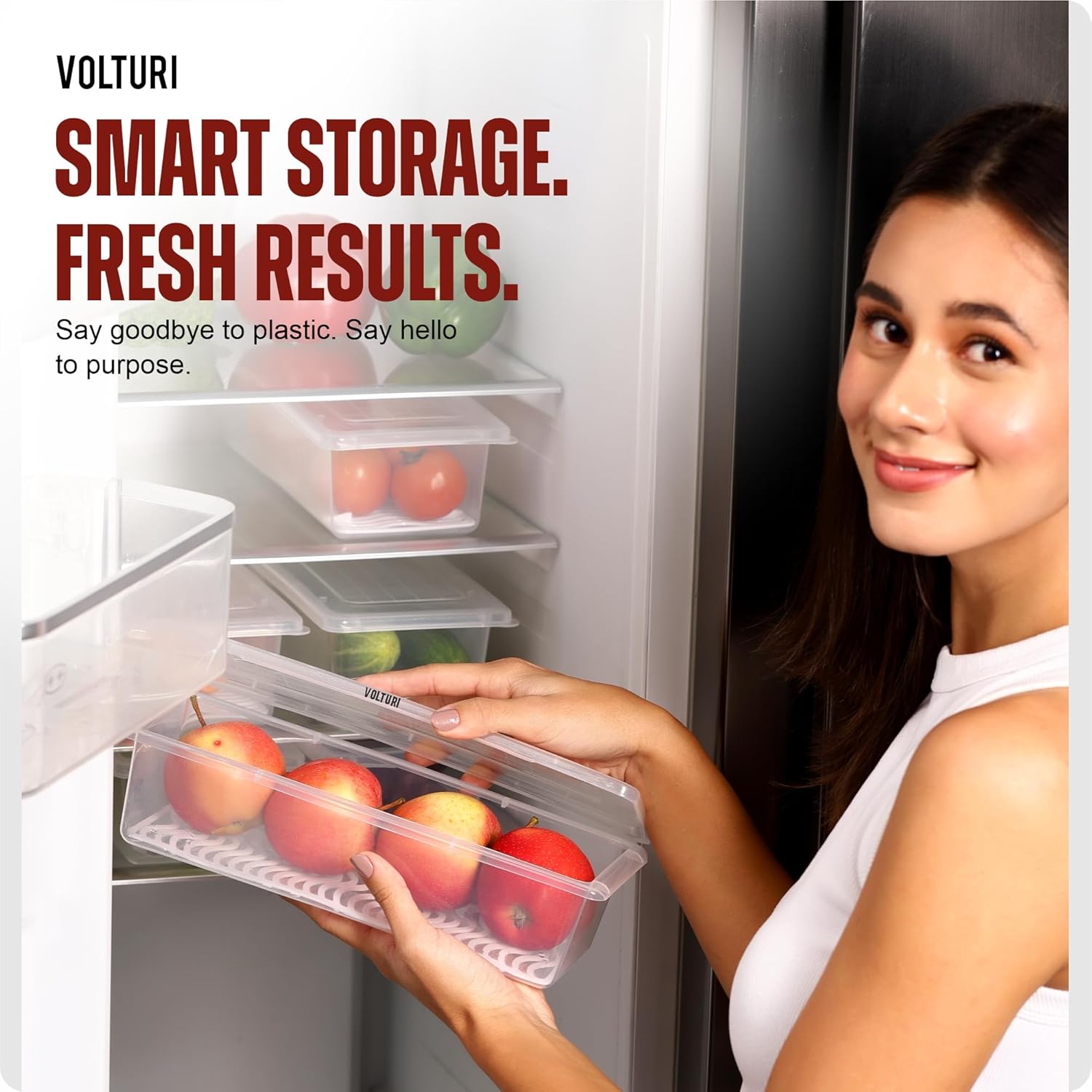 VOLTURI Fridge Storage Containers (Pack of 6), Fridge Organiser Storage Boxes with Removable Drain Plate, Lids, Stackable Organizer, Fridge Storage Box Keep Fruits, Vegetables Fresher, 1500 ML