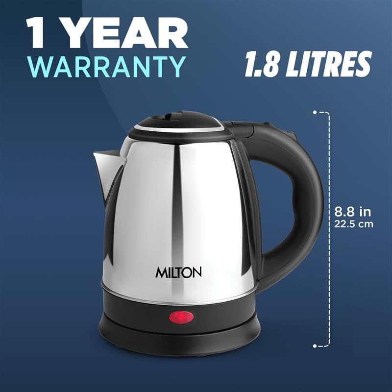 Milton Appliances Go Electric Kettle 1.8 Litre I 3X Protection - Dry Boil, Auto Shut Off, Overheat I 1350 Watt I Super Fast Boiling I Stainless Steel I 360° Power Base I 1 Year Warranty