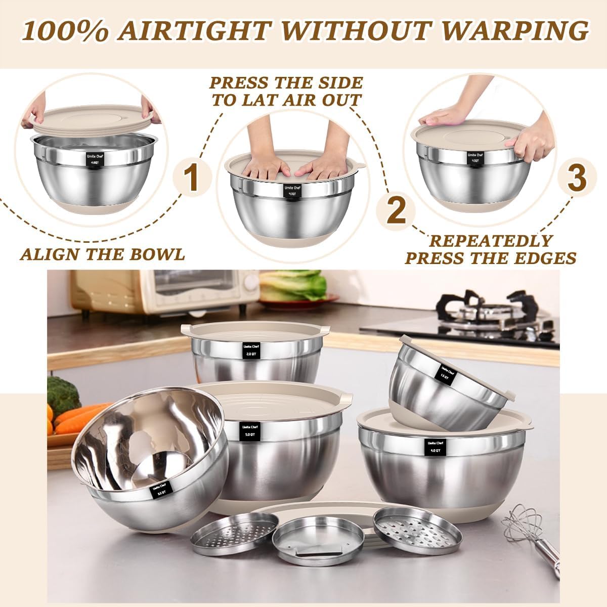 Mixing Bowls with Airtight Lids Set, 5PCS Stainless Steel Khaki Nesting Bowls with Grater Attachments, Kitchen Bowls with Non-Slip Bottoms, Size 5, 4, 3.5, 2, 1.5QT for Mixing & Serving