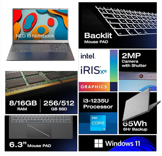 Thomson 15.6 Inch In-N15I Windows 11, Intel Corei3 12Th Gen 1215U (8GB DDR / 512GB SSD/Backlight Keyboard) Window 11 (Stylish, 1.65Kg, Ultra Performance/Grey Brush) Notebook