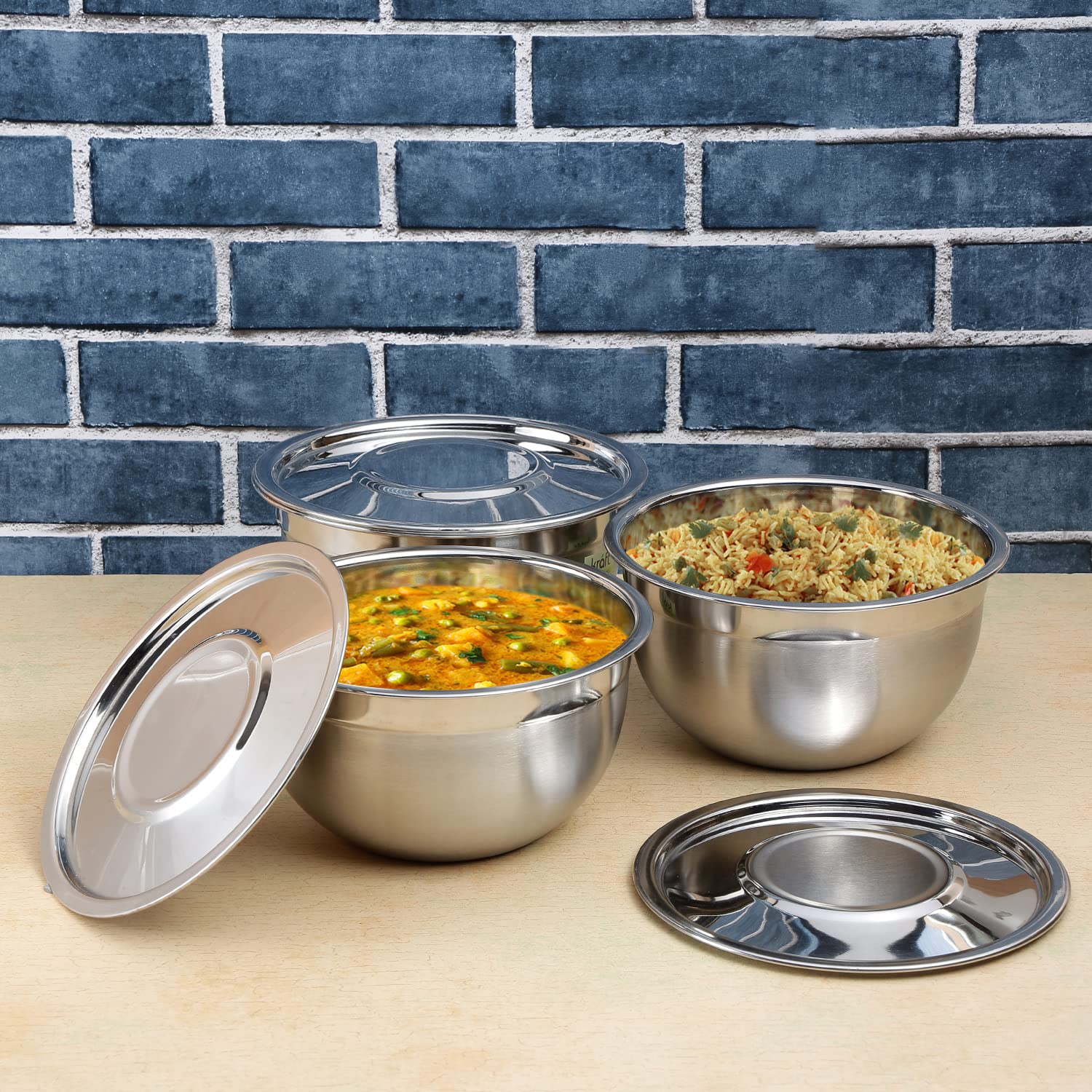 Kraft Stainless Steel Serving Bowl with Lid Set of 3 pcs - 18cm | Mixing Steel Big Bowl | Salad, Rice, Desert, Bowl Set | Matt Finish, Food Grade | 2 Year Warranty - Silver