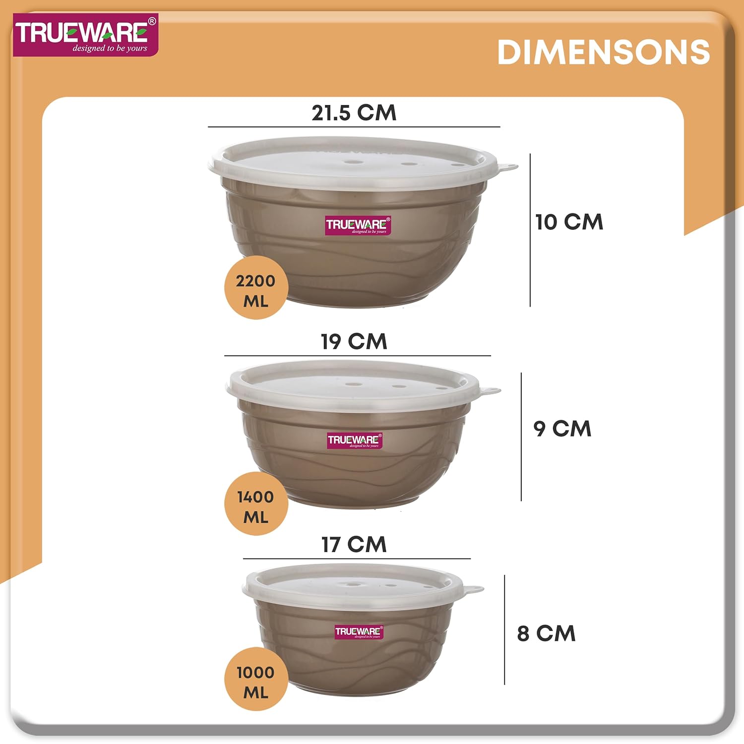 Trueware Mixing Bowl Set of 3 Stainless Steel (1000ml, 1400ml,2200ml) | Microwave Safe & Dishwasher Safe | Bowl Set with Lid | Bowl Set for Gift | Bowls for Snacks | Serving Bowls Kitchen Accessories