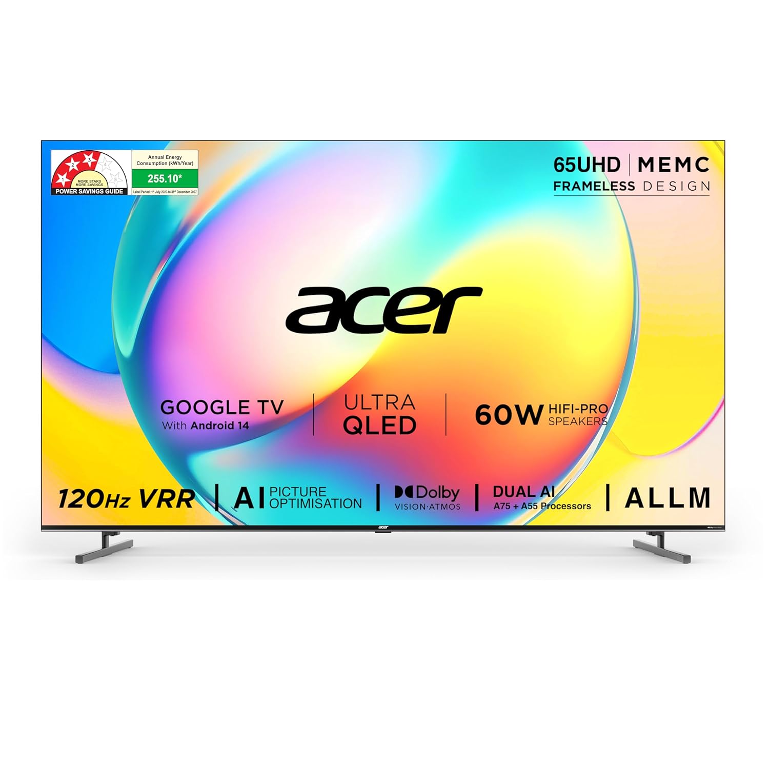 acer 164 cm (65 inches) Super Series 4K Ultra HD Smart QLED Google TV AR65QDXGU2875AT (Black) 2024 Model
