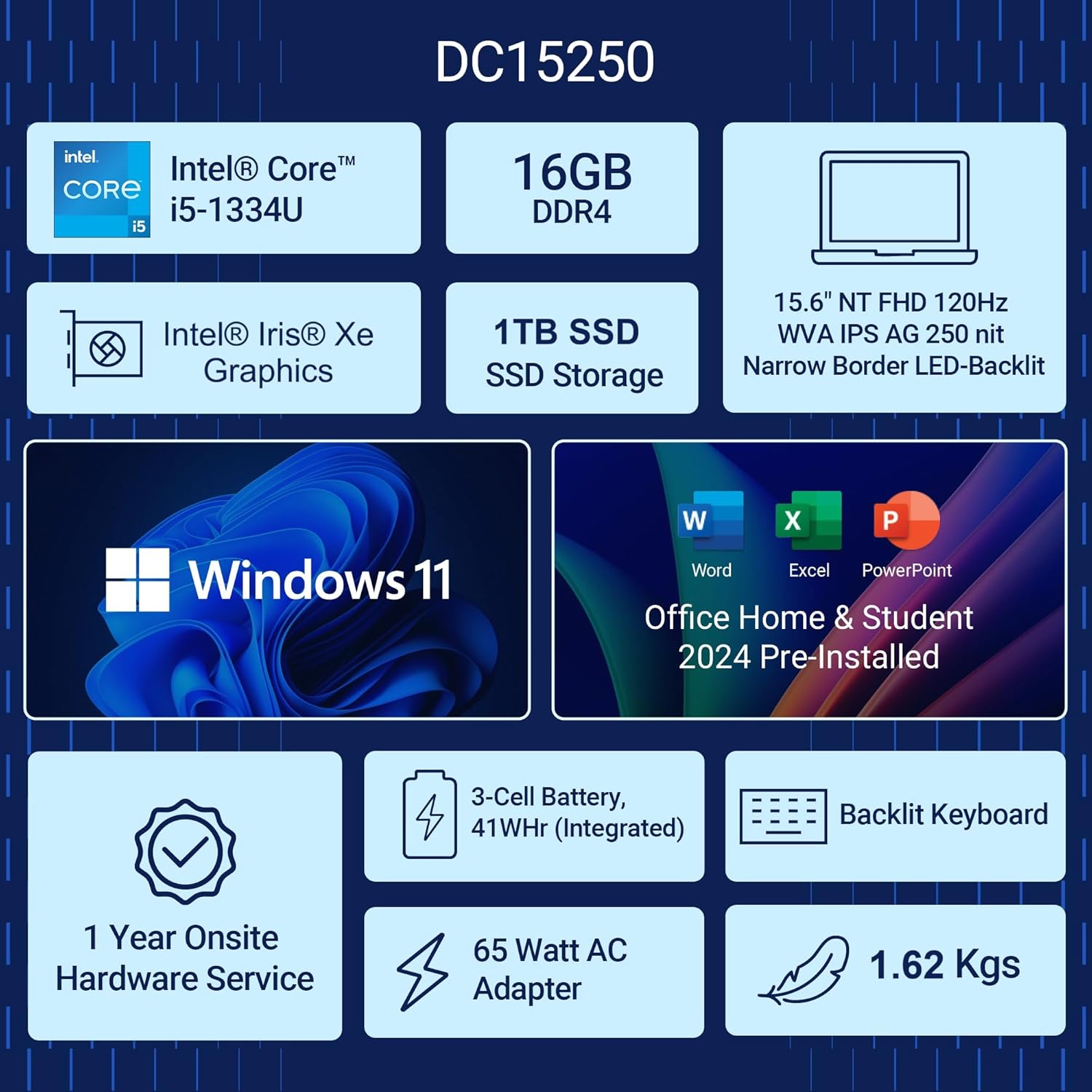 Dell 15, 13th Gen Intel Core i5-1334U (16GB RAM, 1TB SSD) FHD, Anti-Glare 15.6"/39.62cm, Windows 11, Microsoft Office Home 2024, Silver, 1.62kg, 12 Month McAfee, Thin & Light, Backlit Keyboard Laptop