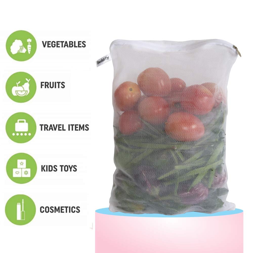 Beddify Set of 12 Reusable Fridge Storage Bags for Vegetables and Fruits with Zipper Dual Layer Mesh Net Multipurpose Multi-Size Kitchen Storage Bags Organizer (White)