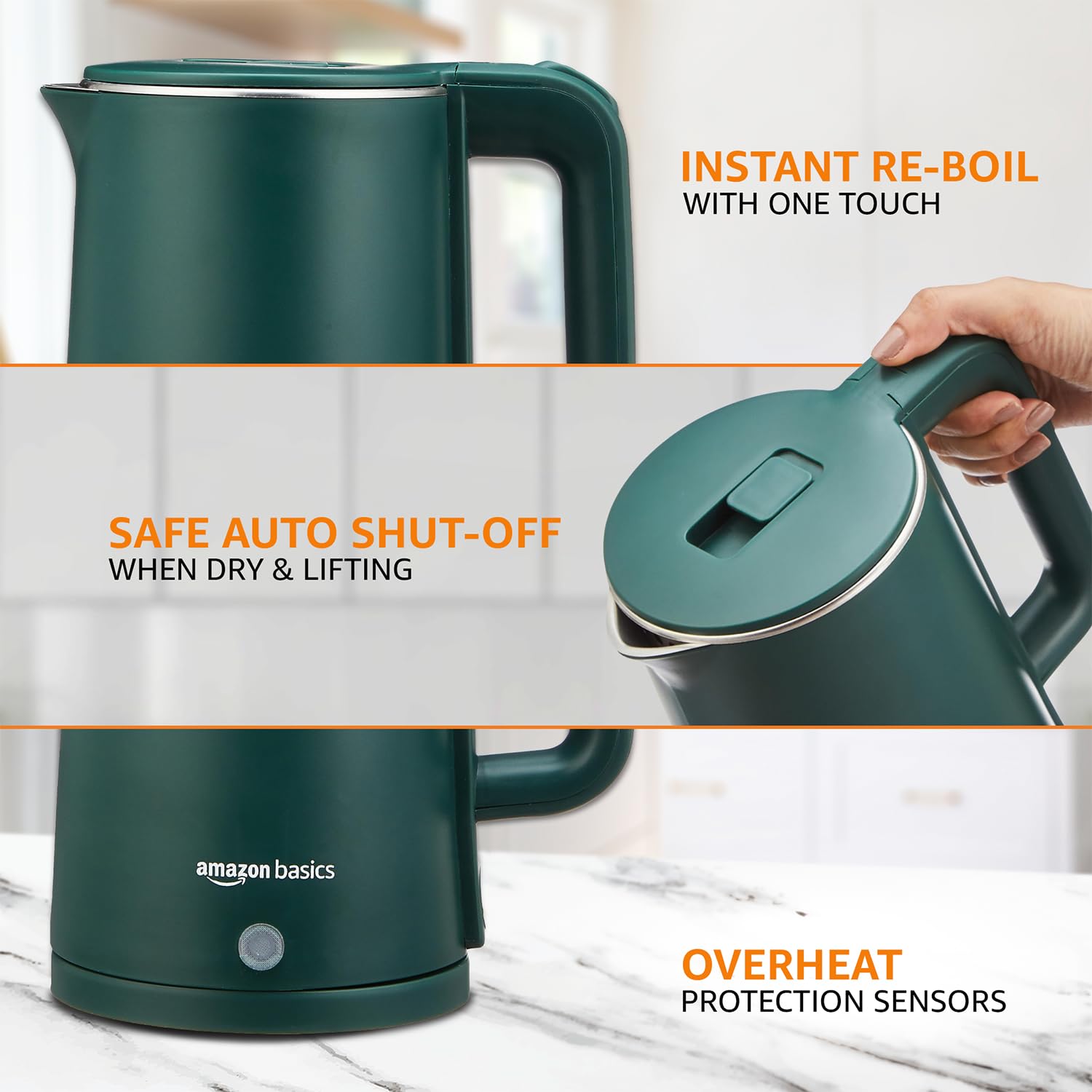 amazon basics 1.5 Liter Cool Touch Electric Kettle| 1350 Watt|Stainless Steel Body|Auto Cut-Off|Triple Safety Protection(Green)