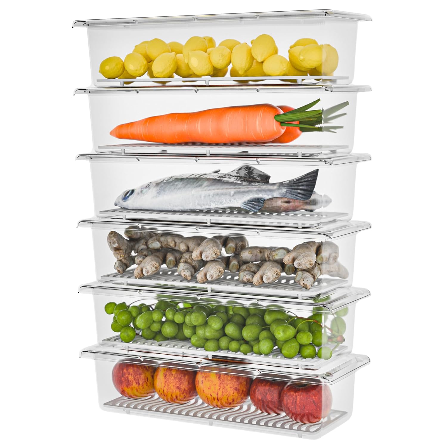 TEX-RO 6 Fridge Storage Containers | Fridge Organiser Storage Boxes with Removable Drain Plate, Lids, Stackable| Fridge Organizer & Fridge Storage Box | Vegetable Storage Box for Refrigerator(1500ML)