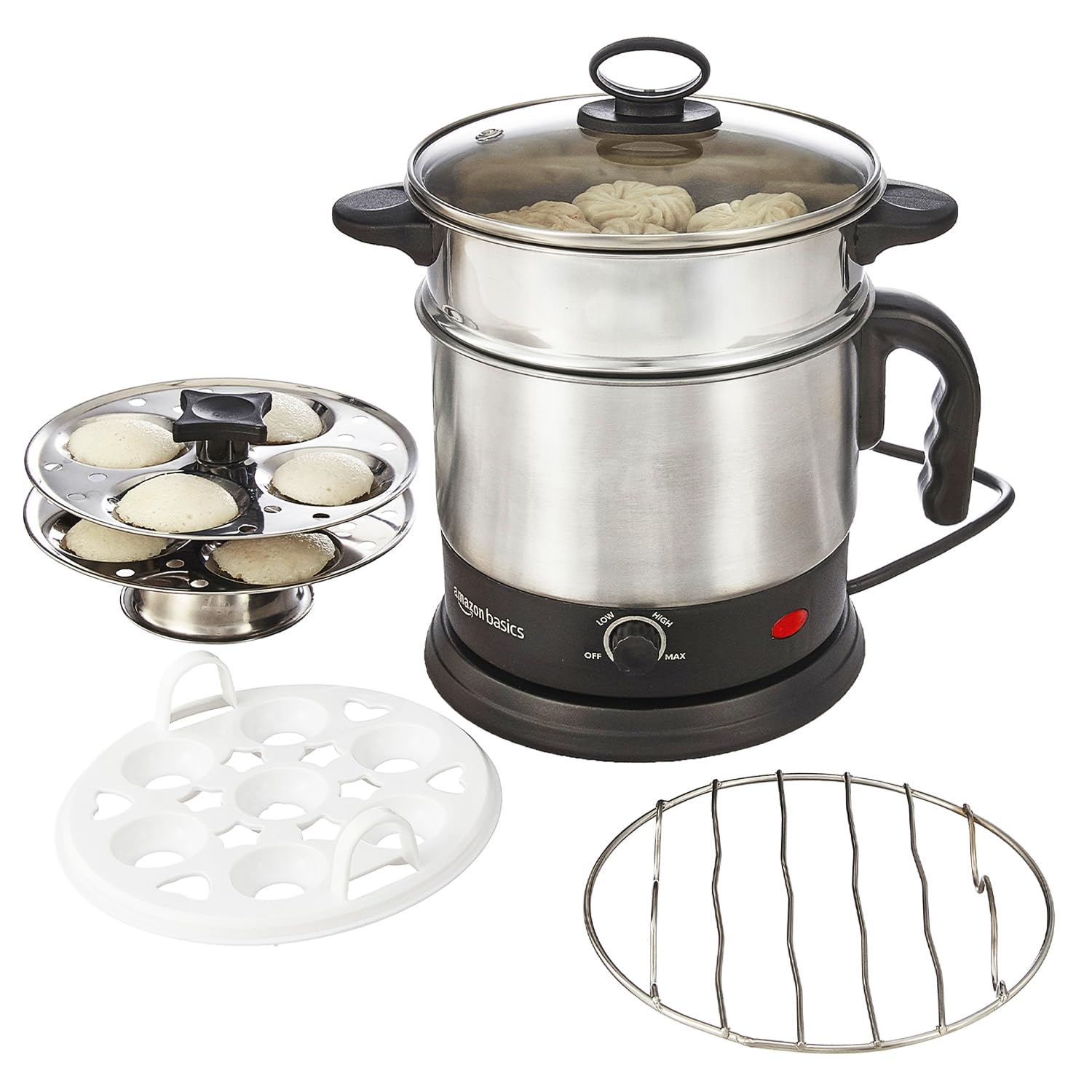 Amazon Basics Multi-Kettle Steamer 1.2L | Adjustable Power Modes 600 W | 7 - Egg Tray, Idli Tray, Iron Grill And Steamer | SS 201 Steel | Automatic Overheat Protection | Multipurpose Kettle