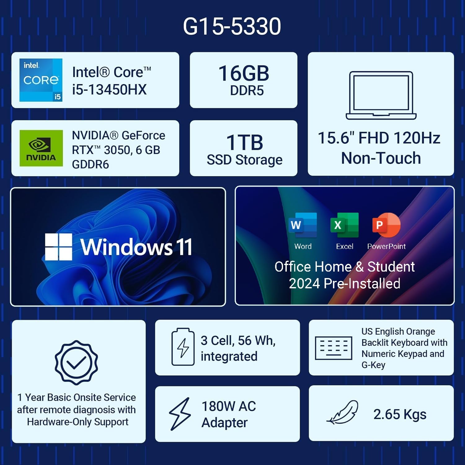 Dell SmartChoice G15, 13th Gen Intel Core i5-13450HX, NVIDIA RTX 3050-6GB, (16GB RAM 1TB SSD) FHD 15.6"/39.62 cm, Orange Backlit Keyboard, Windows 11, Microsoft Office Home 2024, 2.65Kg Gaming Laptop