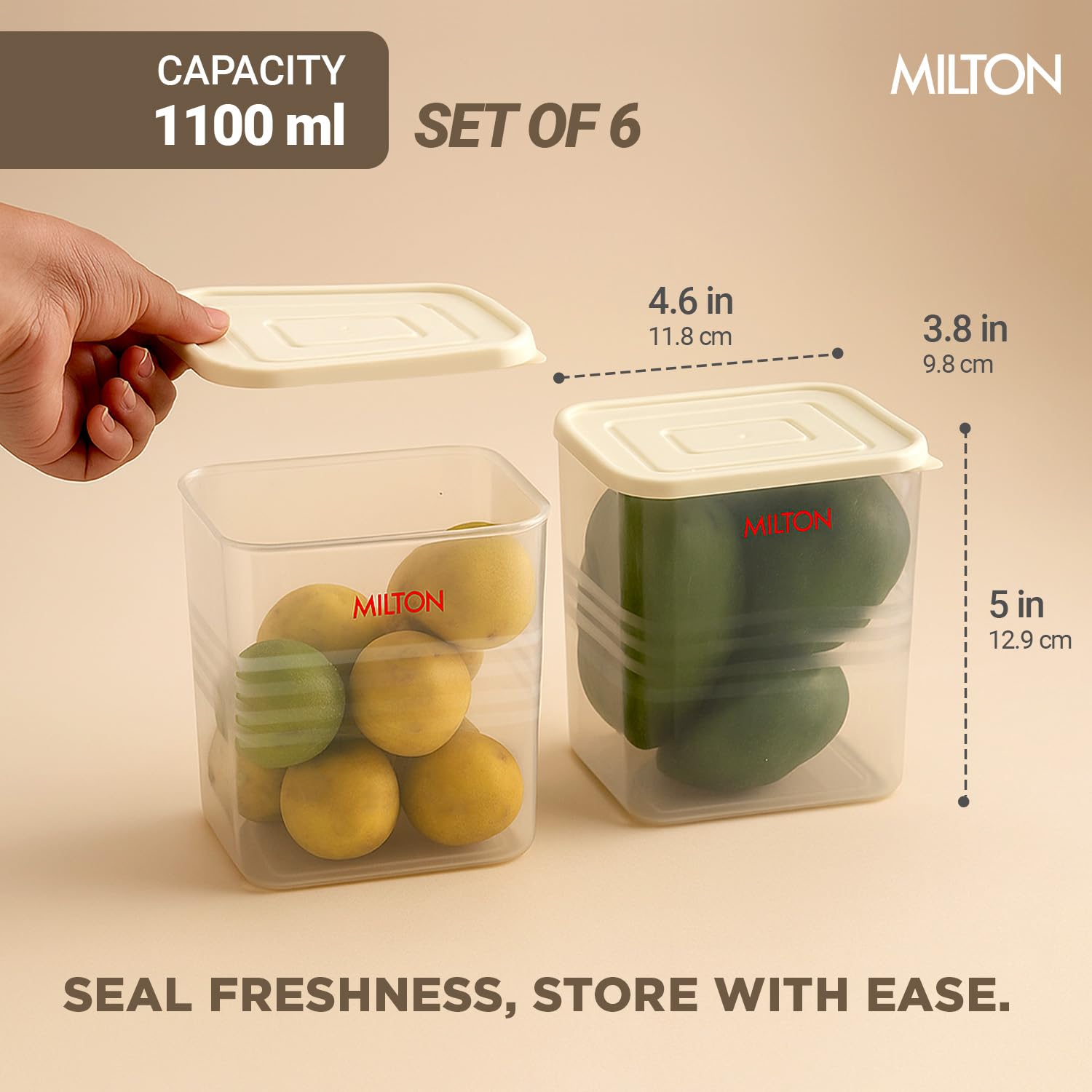 MILTON Fridge Storage Containers with Lids for Door and Shelf – Set of 6, 1100 ml each, Stackable Plastic Containers, Food Grade, BPA Free, Space-Saving Organizer for Vegetable, Fruit & More, White