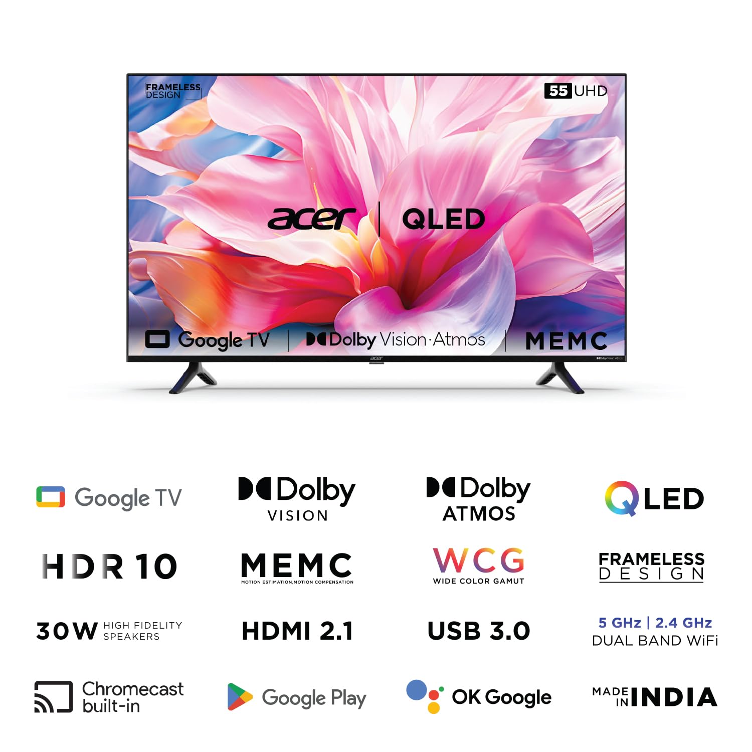 acer 139 cm (55 inches) V Series 4K Ultra HD Smart QLED Google TV AR55GR2851VQD (Black)