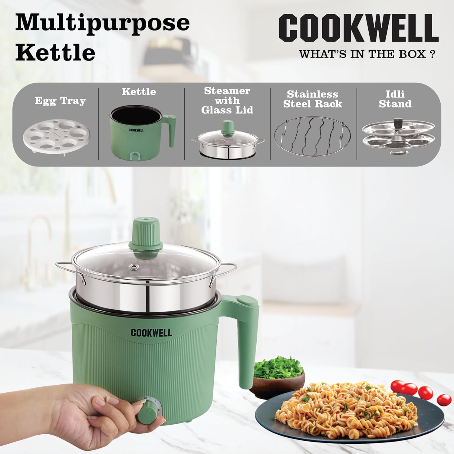 Cookwell Multipurpose Cook Kettle With 1.5L Nonstick Inner Pot, Stainless Steel Mess, Idli Stand, Stainless Steel Steamer, Egg Tray (600W)