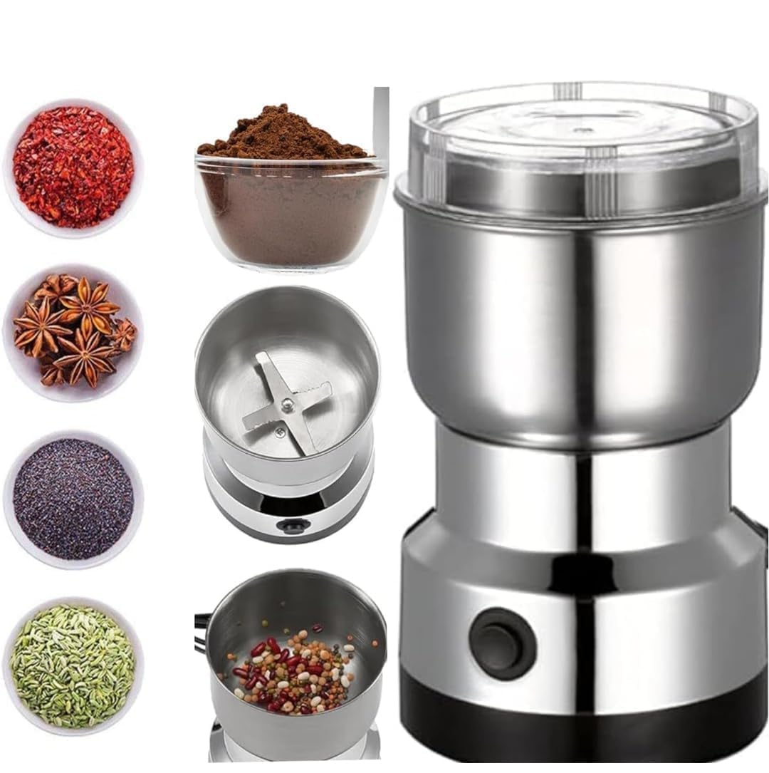 Stainless Steel Mini Electric Grinder – Compact Coffee, Spice, Masala, Nut & Grain Crusher, Portable Mixer Machine for Home Kitchen Use Premium Large PP Material (PK-1)