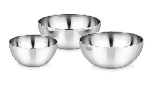 Stainless Steel Mixing & Serving Bowls (Set of 3 Pieces) Stainless Steel Plain Mixing Bowl Set of 3 pcs, Silver, Solid (Silver)