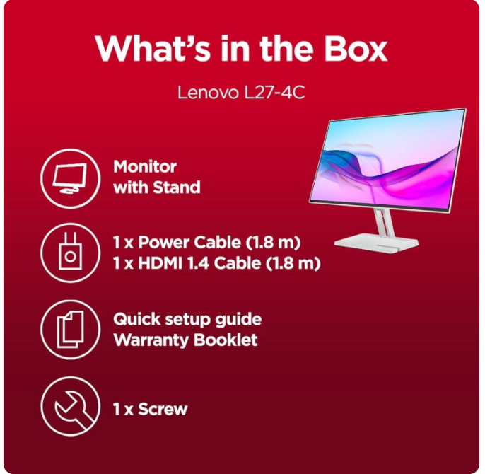 Lenovo L27-4C | 27″ (68.58cm) FHD IPS 144Hz Ultraslim Monitor | 1ms, 2x3W Speakers, AMD FreeSync, 99% sRGB, 2X HDMI 1.4, 1x VGA| Tilt | Grey | 67DEKAC1IN