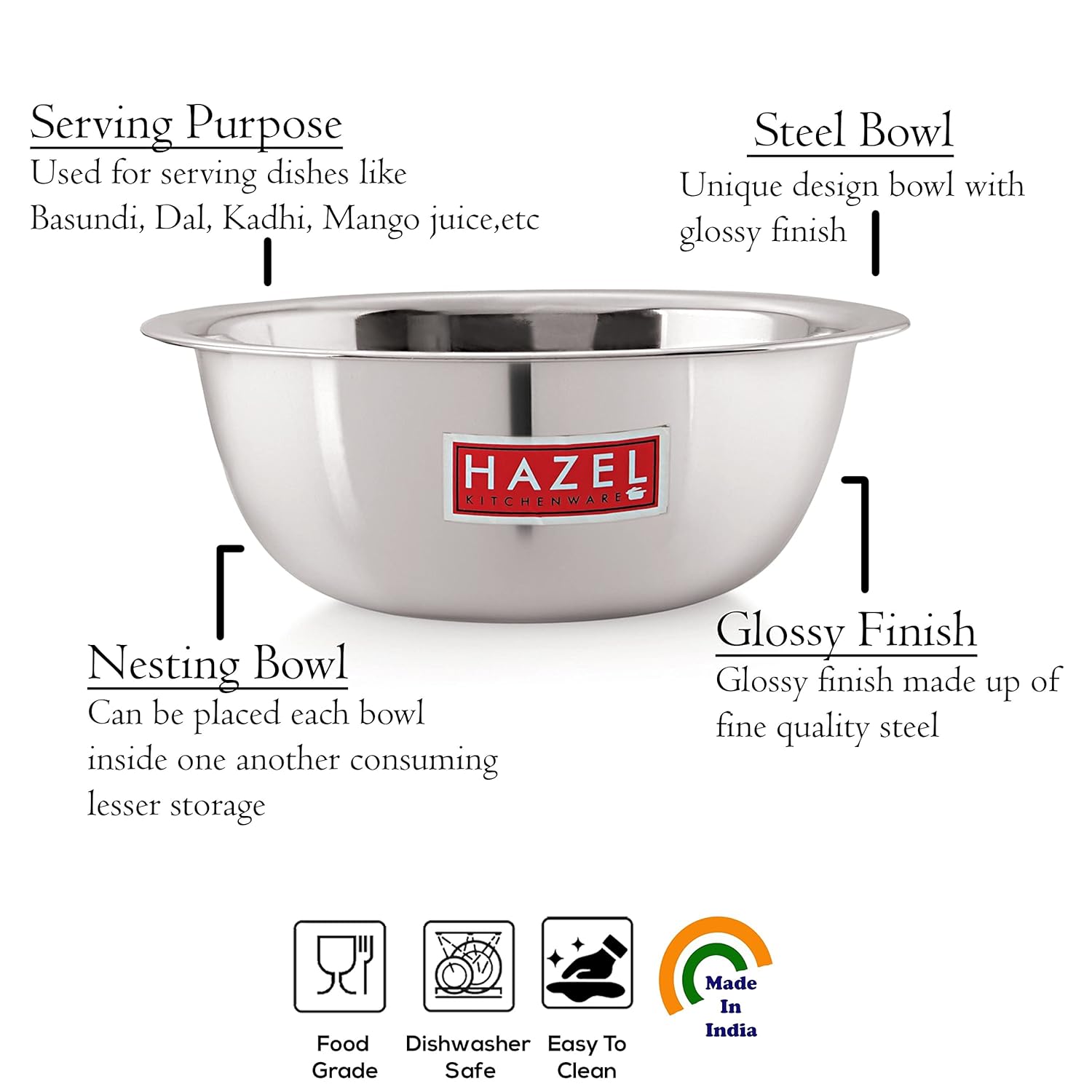 HAZEL Stainless Steel Mixing Bowl Set of 4 | 350ml to 1100ml SS Bowls for Kitchen | Steel Katori for Snacks, Cooking & Serving | Multipurpose Bowls