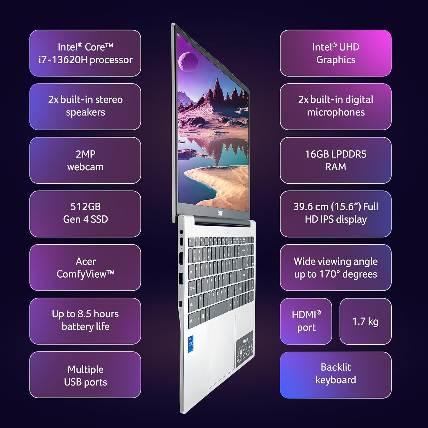 acer Aspire Lite 13th Gen, Intel Core i7-13620H, Office 2024 + M365 Basic, 16GB RAM/512GB SSD, 39.62cm 15.6" FHD IPS Display, Win 11 Home, Pure Silver, 1.7kg,AL15-52H, Backlit kB, Thin & Light Laptop