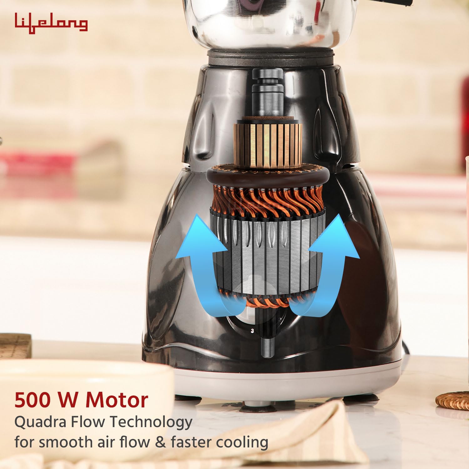 Lifelong LLMG23 Power Pro (500W 3-in-1 Juicer Mixer Grinder for Indian Kitchen) | 3 Stainless Steel Jars & Blades, 3-Speed Knob Control, Thermal Overload Protection, Anti-Skid | 1-Yr Warranty (Black)