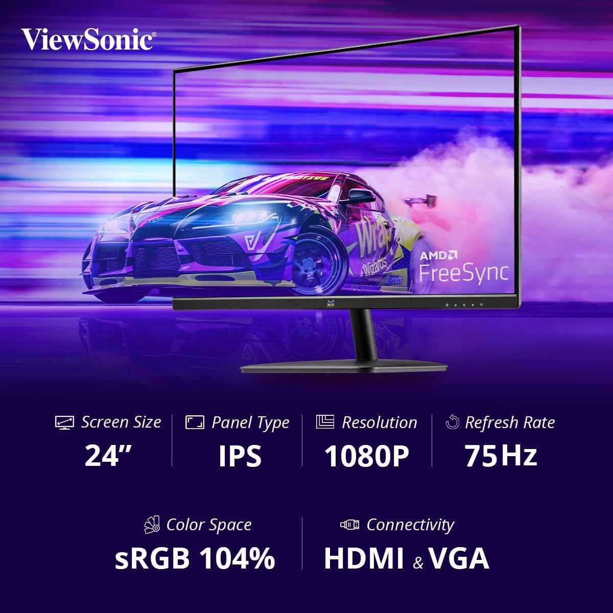 ViewSonic VA2432-H 24-inch (60.96 cm) Full HD1080p IPS Monitor |100 Hz |1ms | AMD Free Sync | Slim | Bezel Less | Low Blue Light |Flicker-Free| Tilt | sRGB 104% | HDMI, VGA, Audio Out.