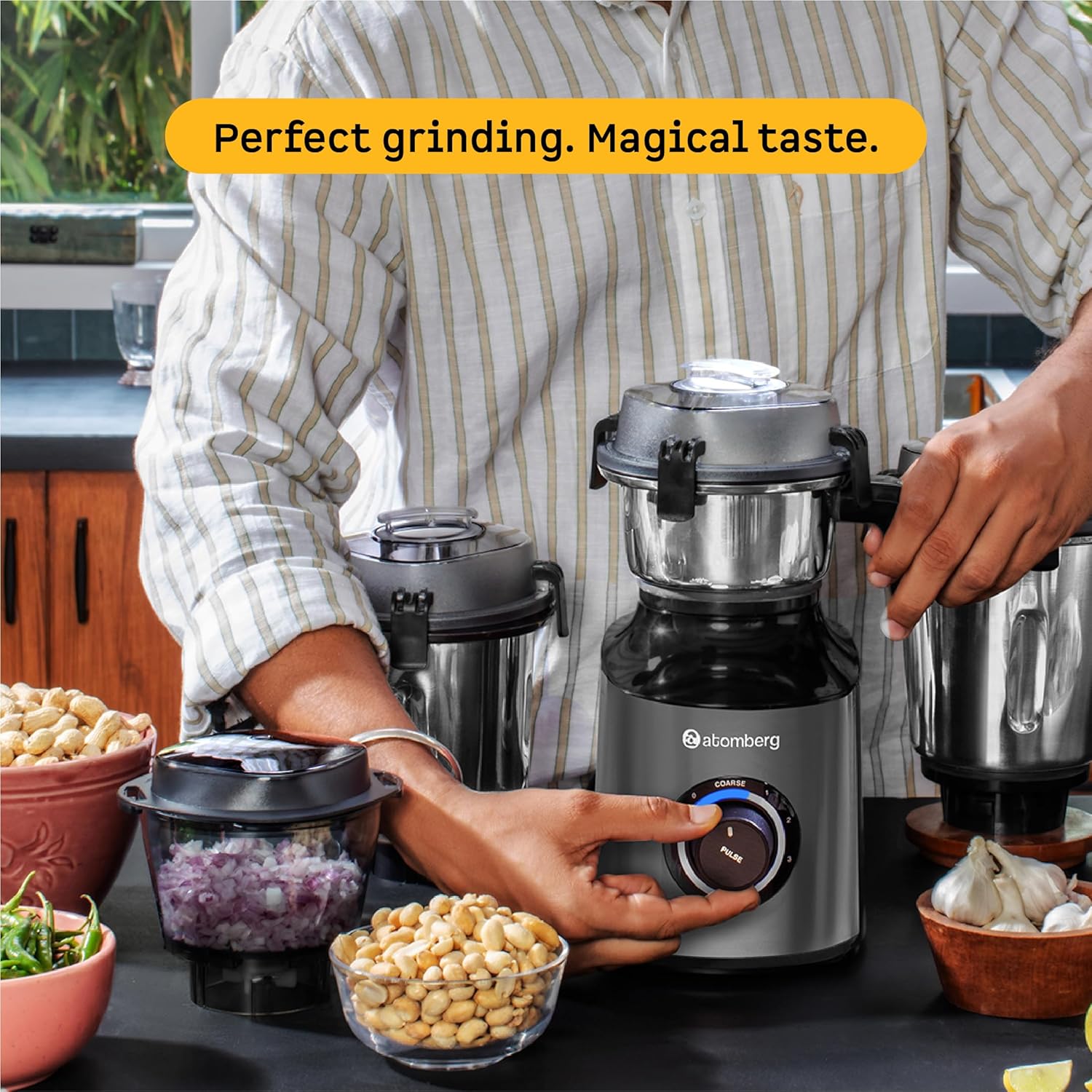 Atomberg Zenova Mixer Grinder | Unique Coarse Mode for Silbatta-like Texture | Intelligent BLDC Motor | Safety Features | 4 Jars including Chopper | Hands-Free Operation (Sand Grey)