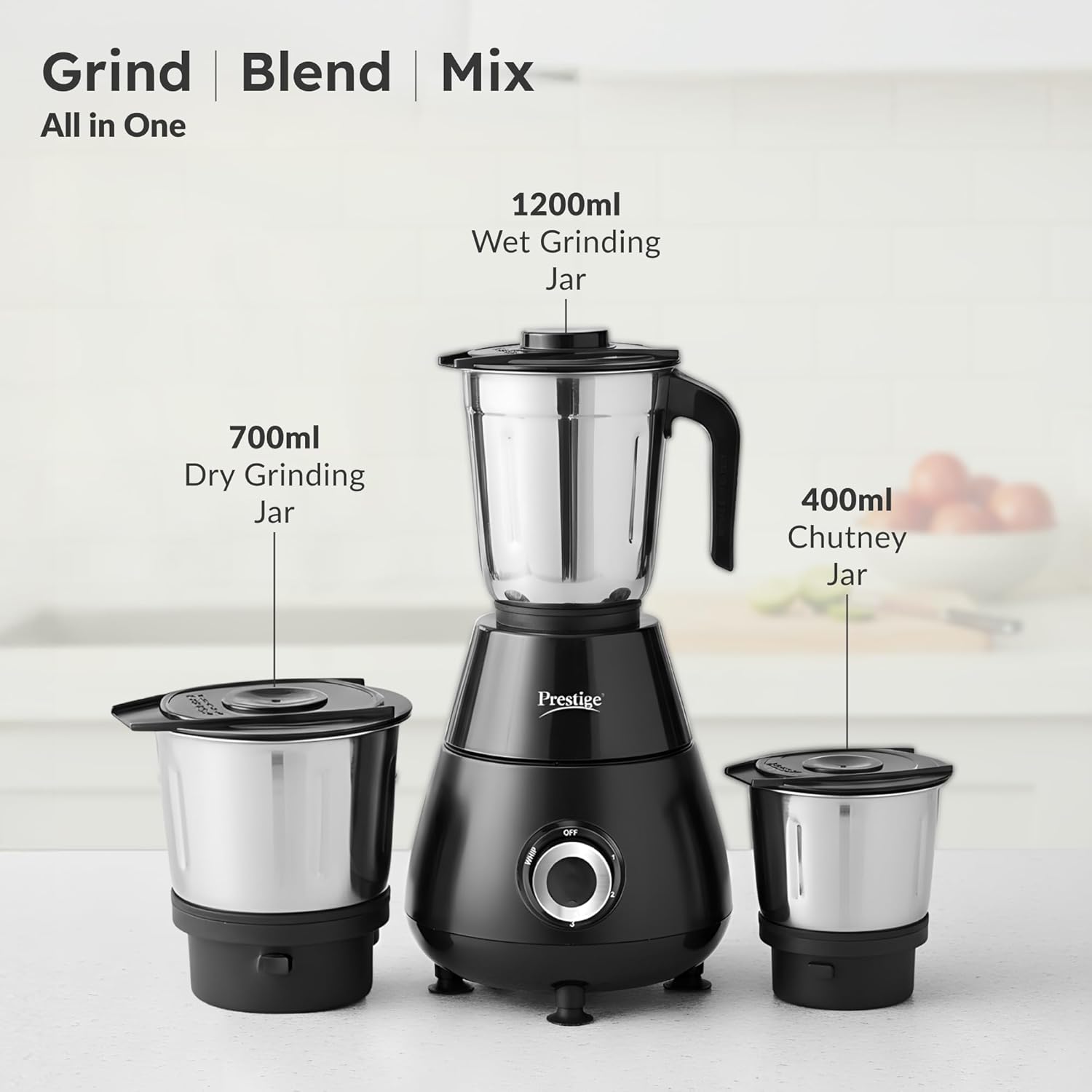 Prestige Apex 500 Watt Mixer Grinder with 3 Stainless Steel Jars | Super Efficient SS Blades | Black | 2Y Warranty | ISI Certified