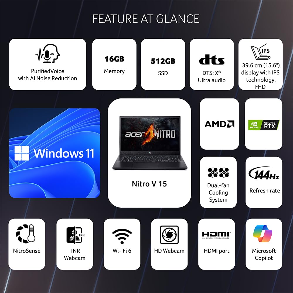 acer Nitro V Gaming Laptop AMD Ryzen 7-7735HS with RTX 3050 6 GB Graphics (16 GB DDR5/512GB SSD/Windows 11 Home/Wi-Fi 6/144Hz) ANV15-41, 15.6" FHD Display, 2.1 KG