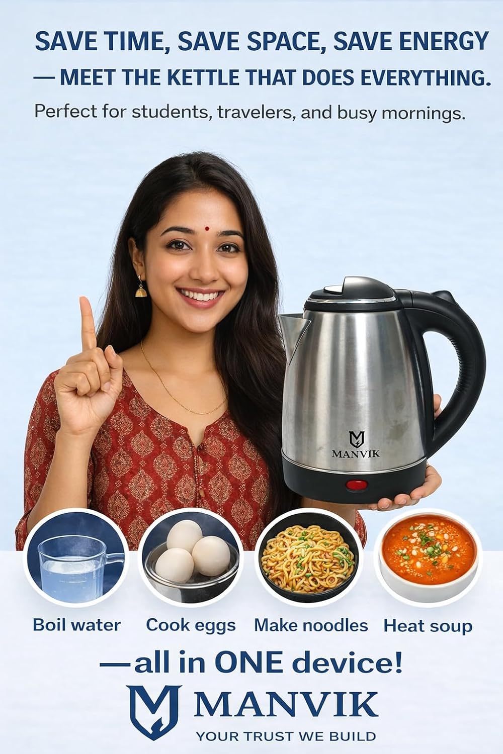 MANVIK Stainless Steel Kettle 1.5L | 1500 Watts | Stainless Steel Hot Water portable Electric Kettle for Home, Office | Auto Shut-Off with Wide Mouth | Cool-touch Handle and Single-Touch Lid Lock