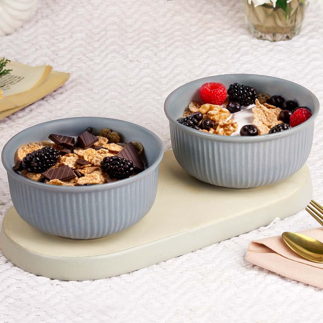 The Earth Store Grey Fringe Ceramic Bowl Set of 2, 550ML Each | Snack Bowl | Perfect for Christmas Gift | New Year Gift & Daily Use