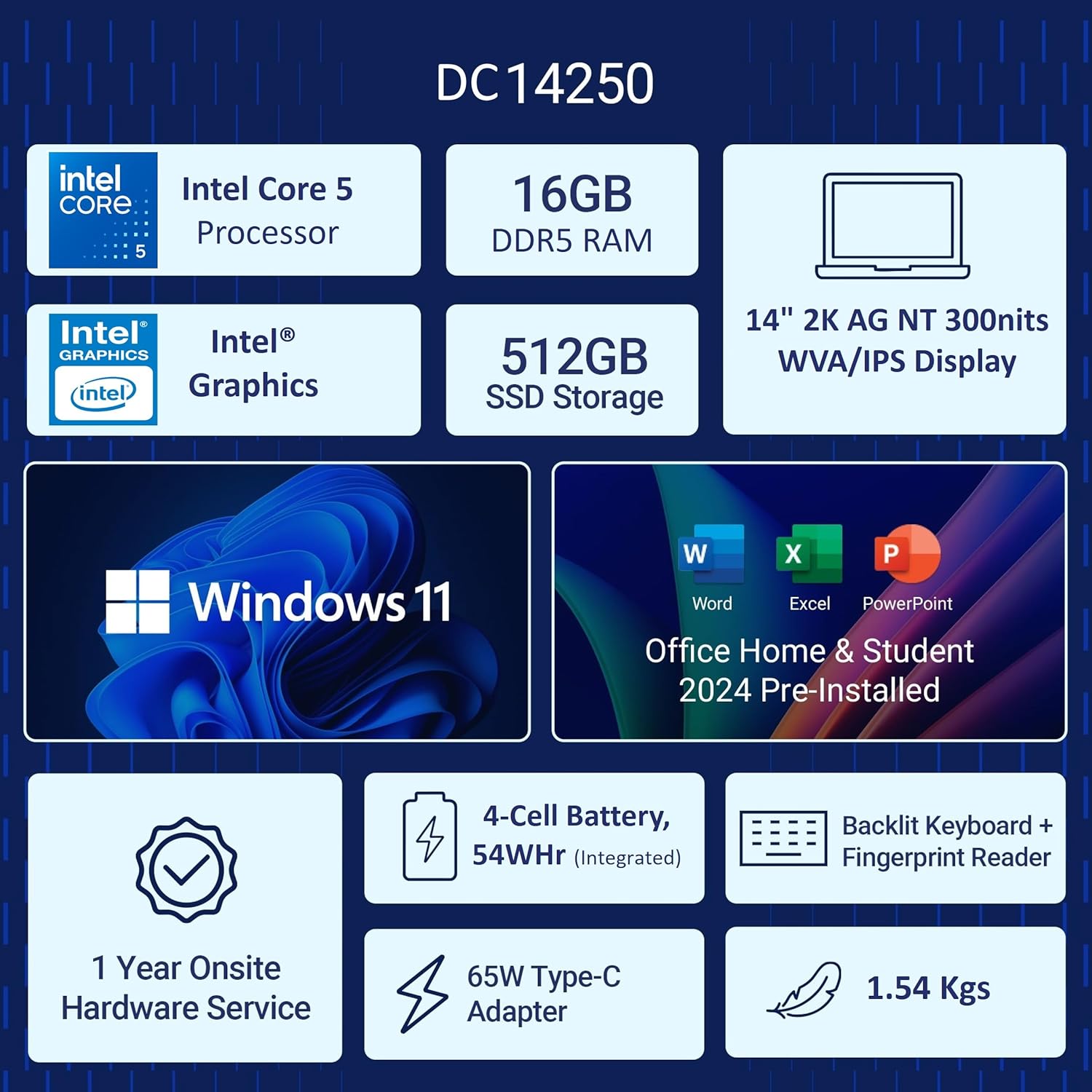Dell 14, Intel 14th Generation Intel Core 5, (16GB DDR5, 512GB) FHD+ 14"/35.56cm 300 Nits, Backlit Keyboard + FPR, Windows 11, Microsoft Office Home 2024, Platinum Silver, 1.54Kg Thin & Light Laptop