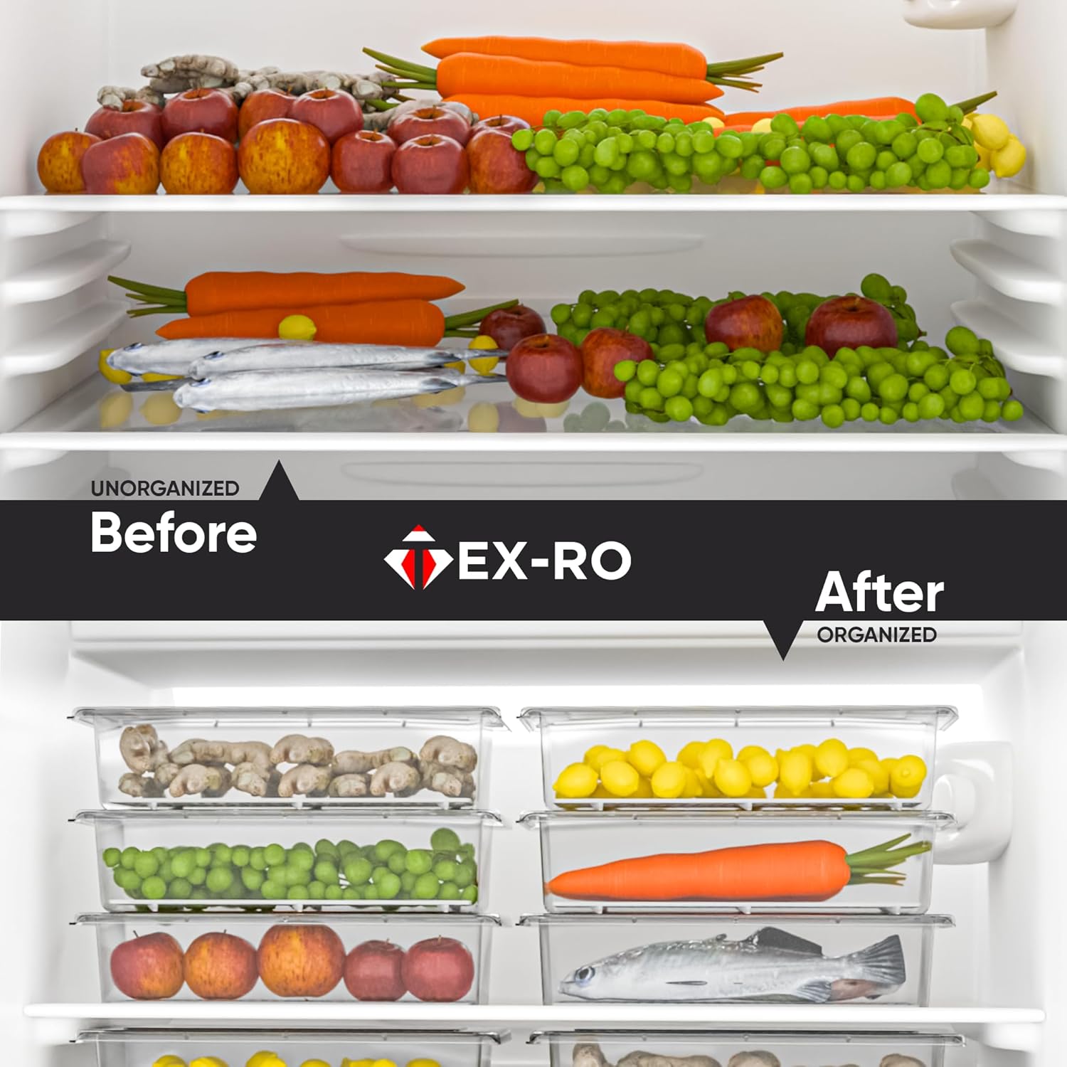 TEX-RO 6 Fridge Storage Containers | Fridge Organiser Storage Boxes with Removable Drain Plate, Lids, Stackable| Fridge Organizer & Fridge Storage Box | Vegetable Storage Box for Refrigerator(1500ML)