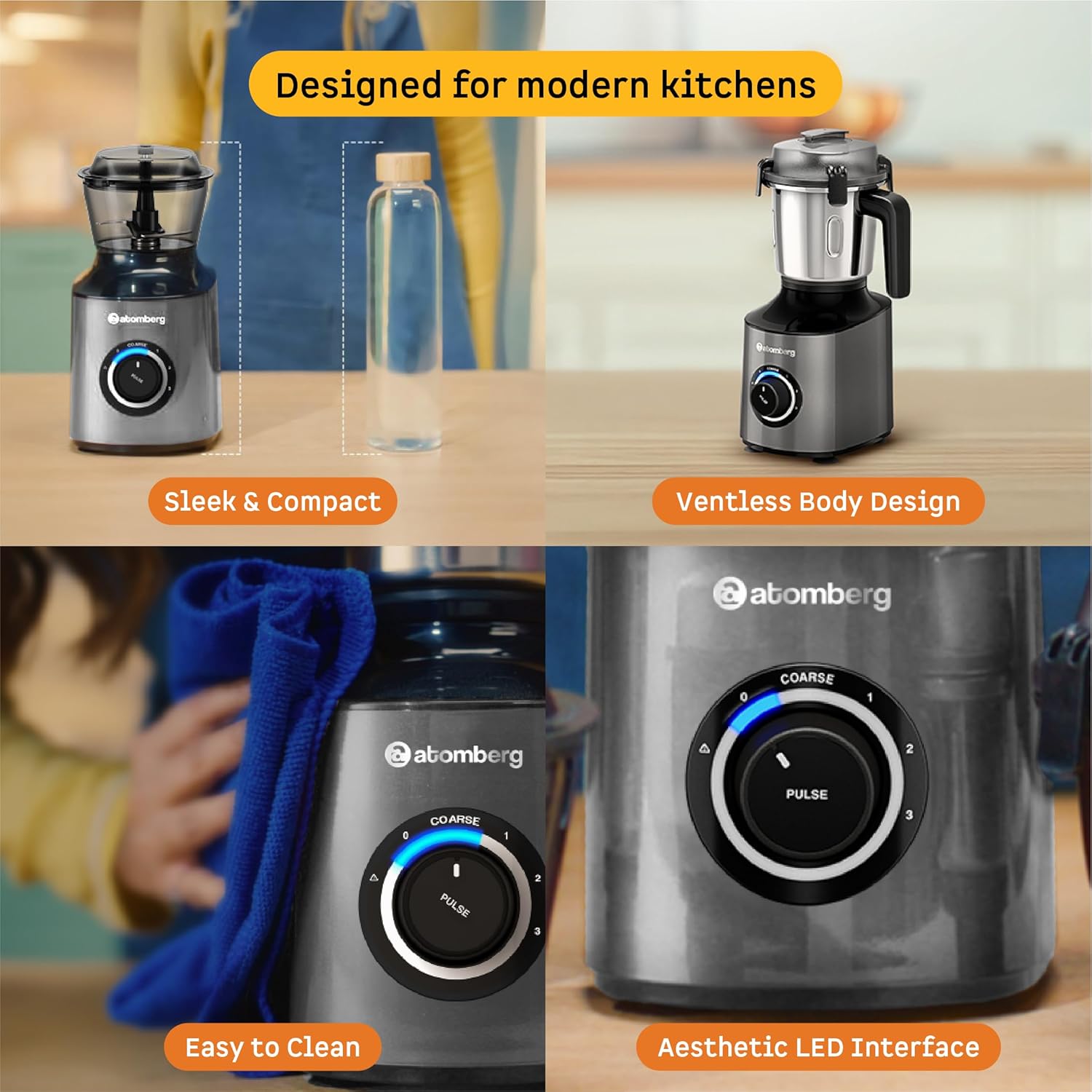 Atomberg Zenova Mixer Grinder | Unique Coarse Mode for Silbatta-like Texture | Intelligent BLDC Motor | Safety Features | 4 Jars including Chopper | Hands-Free Operation (Sand Grey)