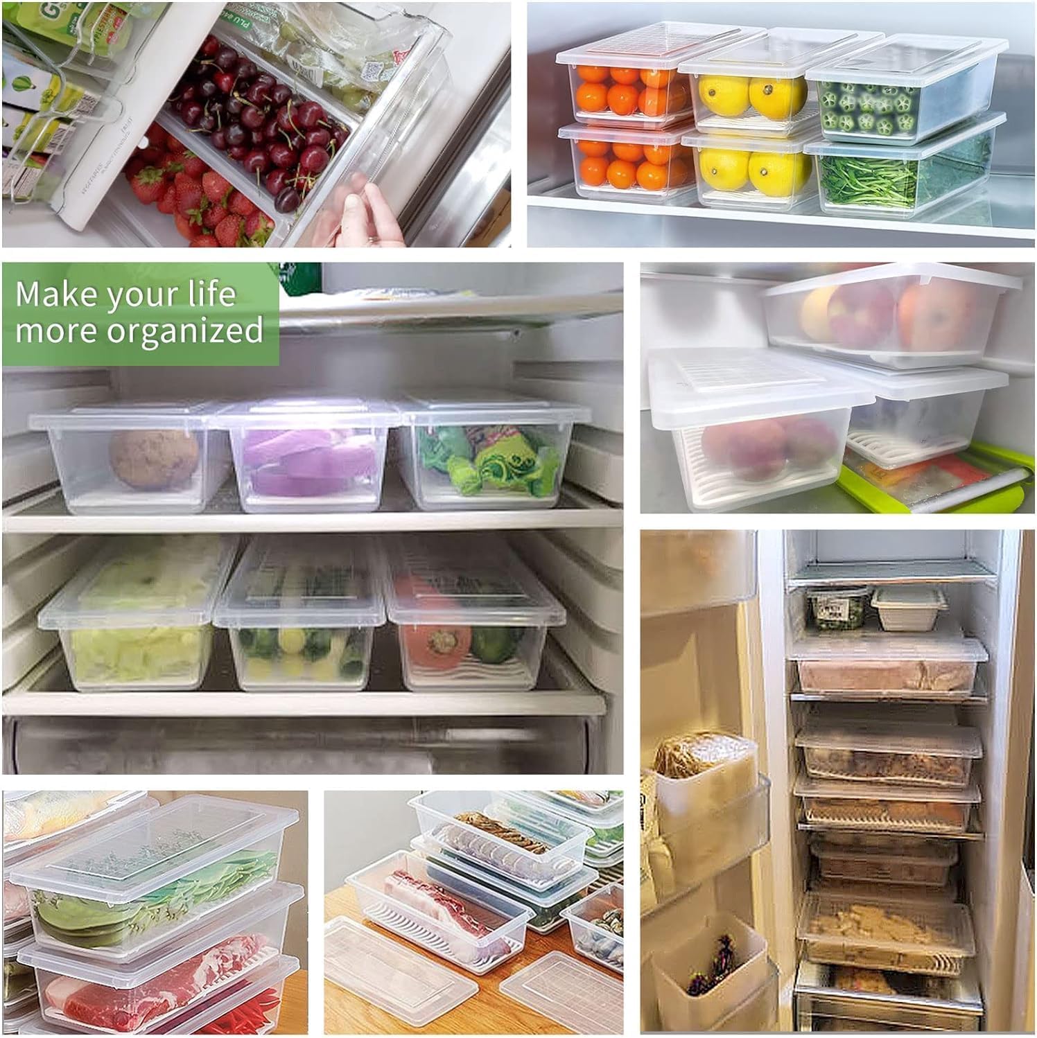 Fridge Storage Boxes (Pack of 6), Fridge Organizer With Removable Drain Plate, Fridge Storage Containers 1500 ML, Keeps Fruits, Vegetables Fresh Longer
