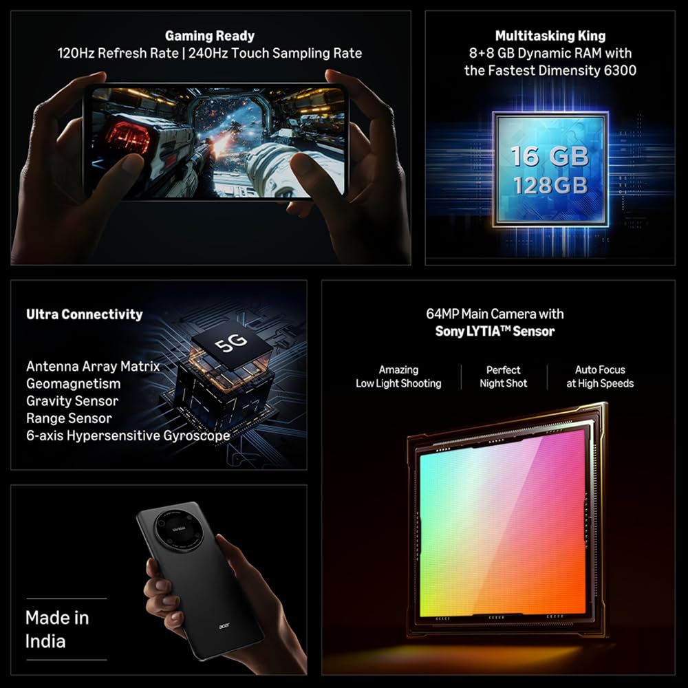 acer Super ZX 5G (Carbon Black, 6GB RAM, 128GB) | Segment-First FHD+ 6.8” 120Hz Display | Sony 64MP AI Triple Camera | 5000 mAh Long Lasting Battery