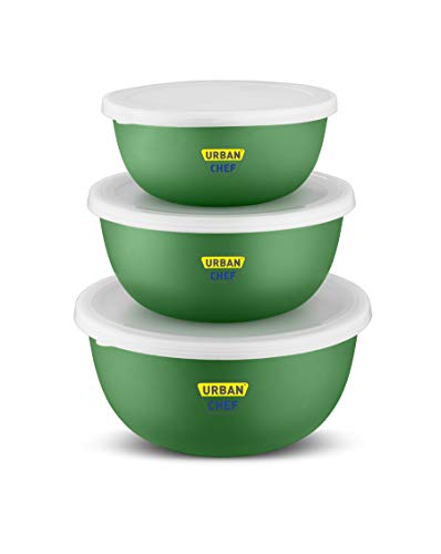 URBAN CHEF Mixing Bowl Set of 3 Stainless Steel (500ml, 800ml,1250ml) | Microwave Safe & Dishwasher Safe | Bowl Set with Lid for Gift | Bowls for Snacks | Serving Bowls Kitchen Accessories -Green