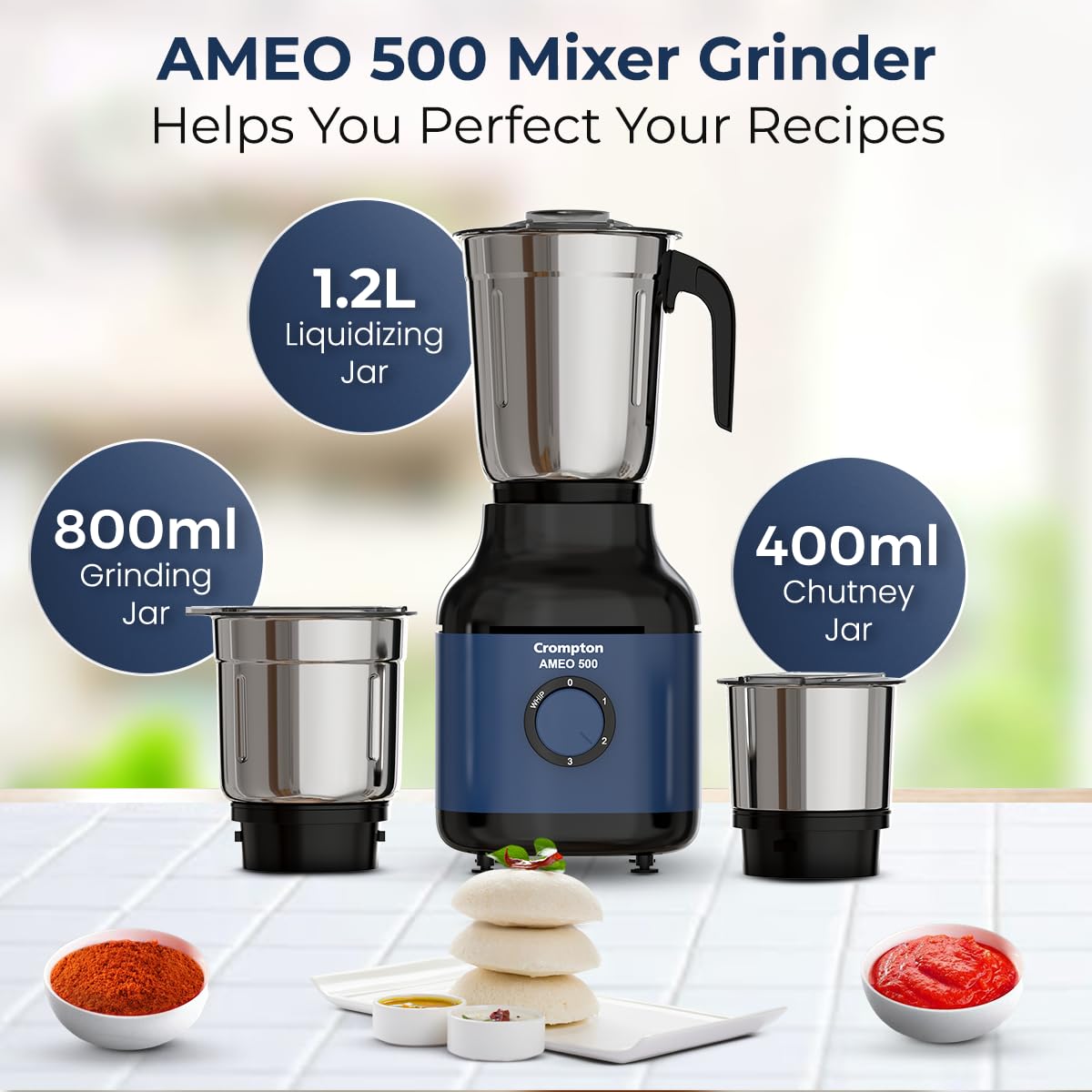 Crompton Ameo 500W Mixer Grinder with Powertron Motor & Motor Vent-X Technology, Robust design (3 Stainless Steel Jars, Blue and Black)